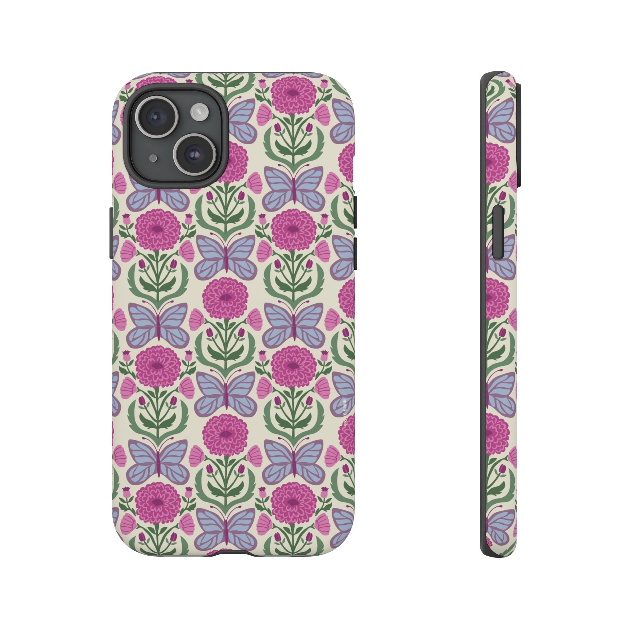 Butterfly Tough iPhone 15 Plus Case – Matte | cream, magenta, periwinkle butterfly floral print