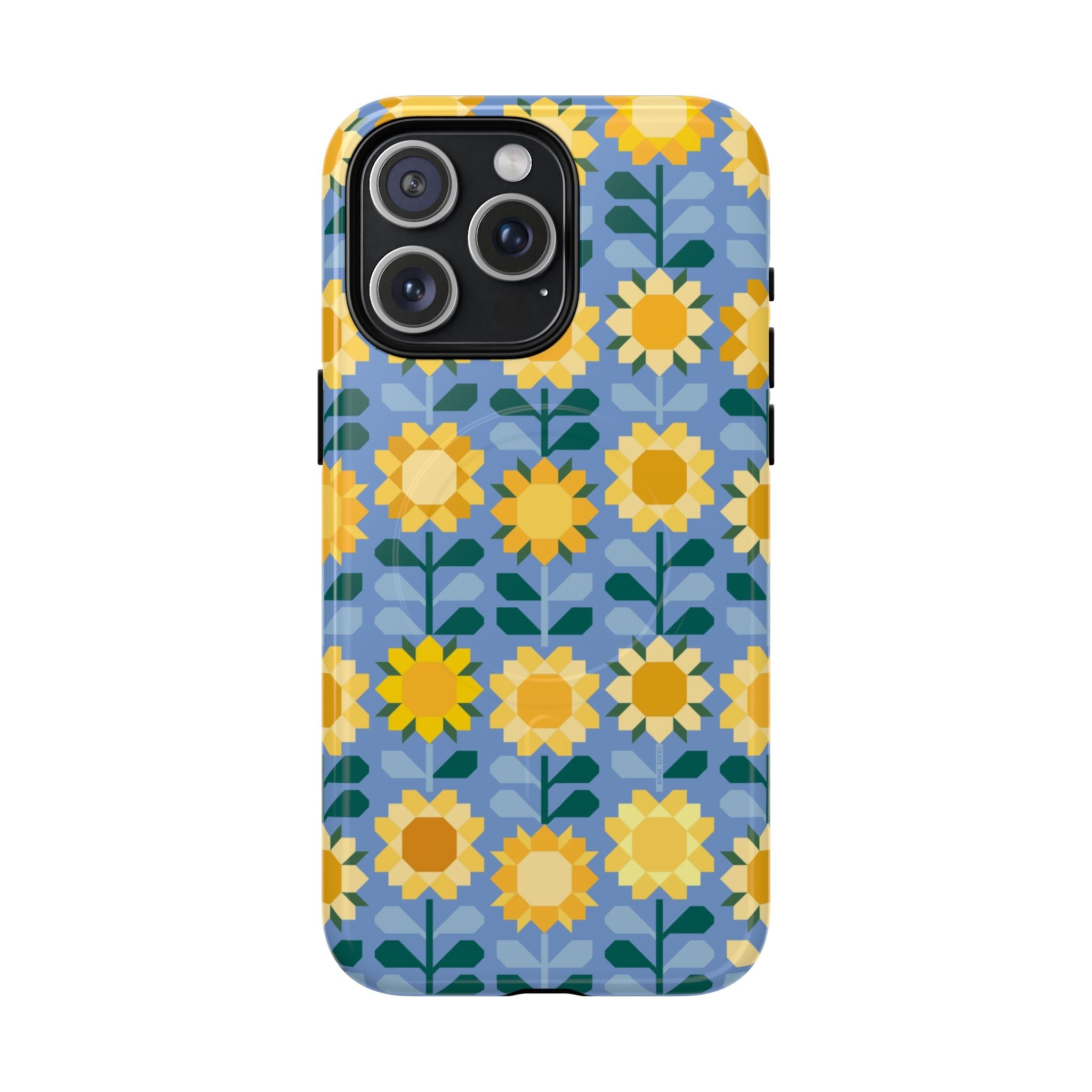 Sunflowers MagSafe iPhone 15 Pro Max Case – Glossy | blue, yellow, gold geometric sunflower print