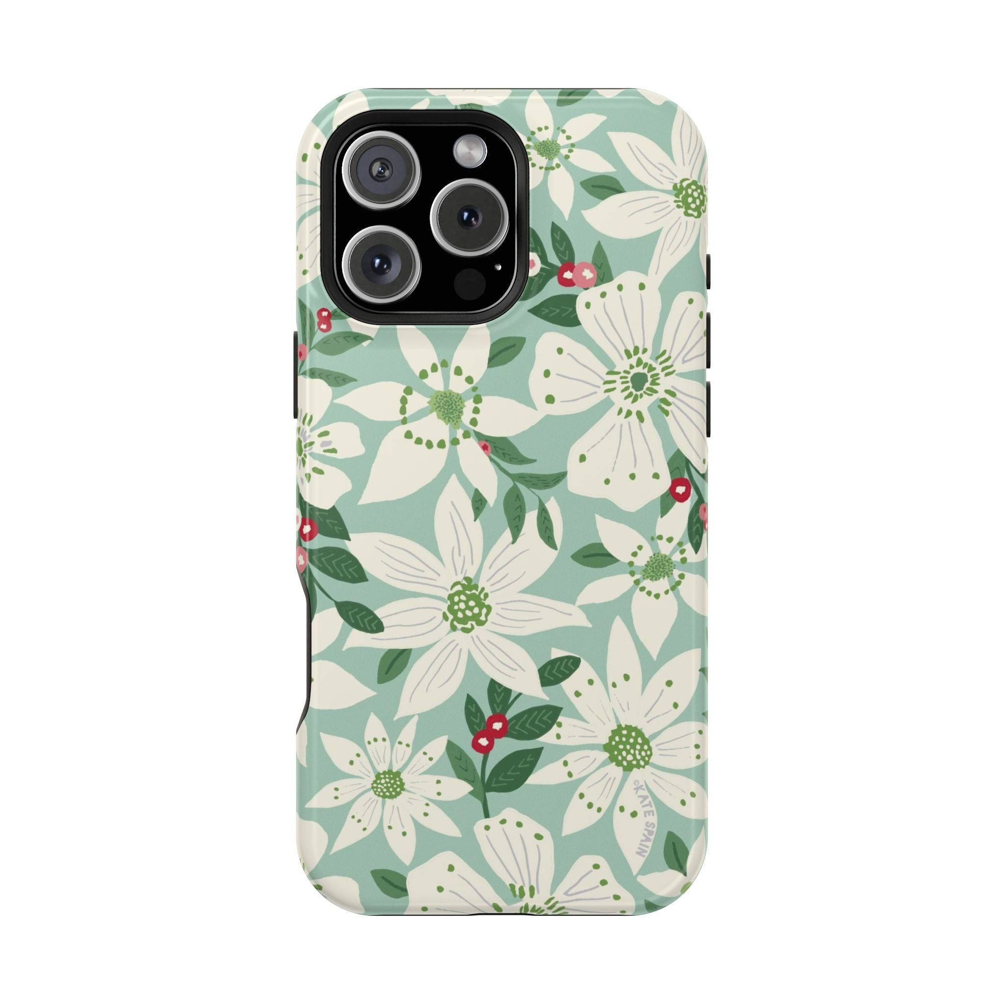 Gardenia MagSafe iPhone 16 Pro Case – Matte | light blue, white, green, red gardenia botanical print MagSafe compatible, dual-layer protection