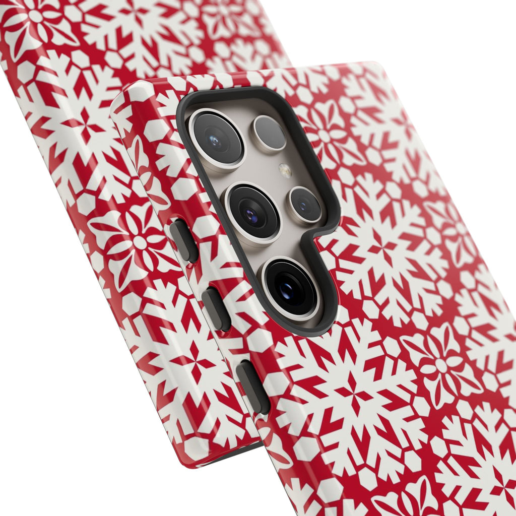 Flurry Samsung Galaxy S24 Ultra Case – angled view showing 5 lens camera in protective case | white, red geometric snowflake tile print