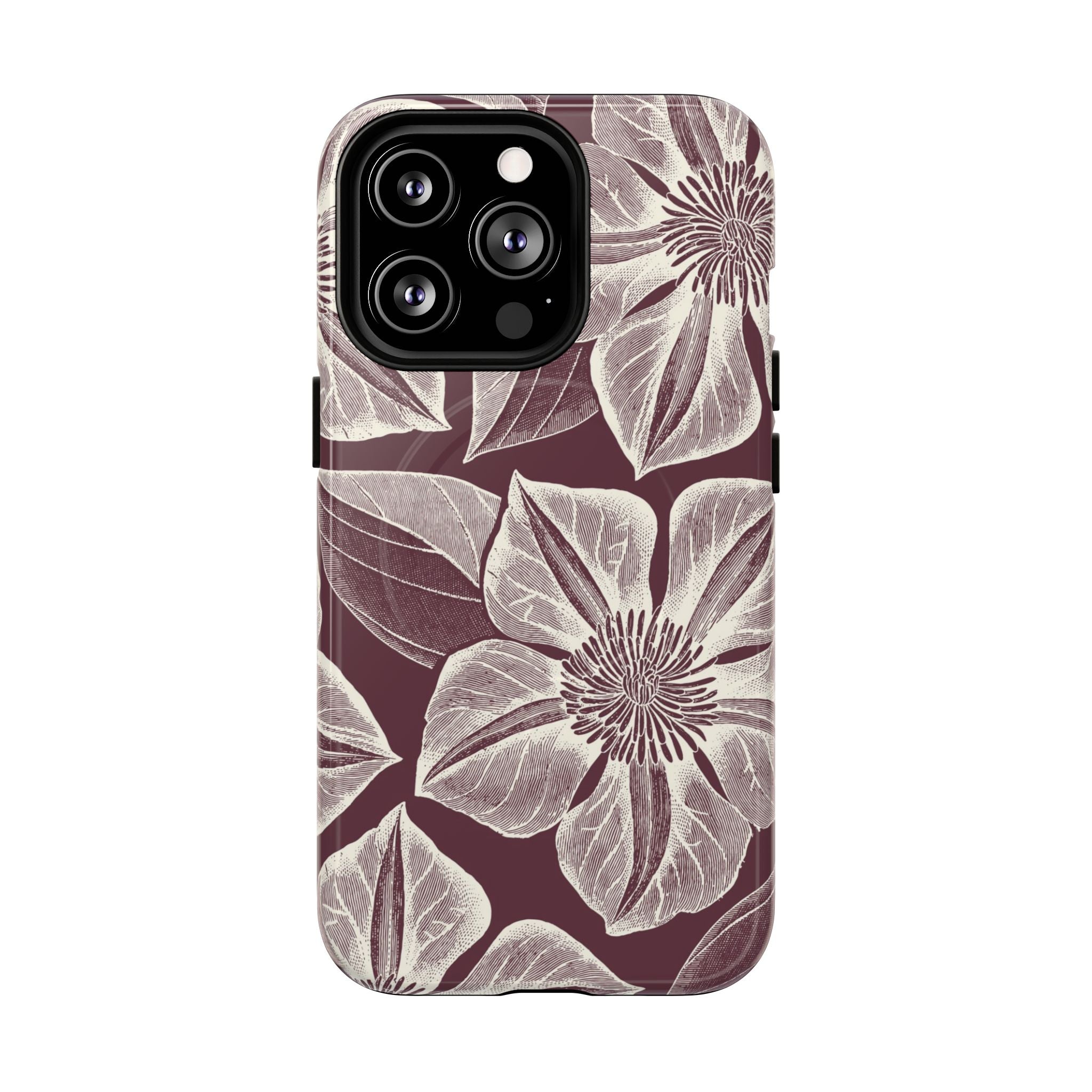 Vintage Bloom Burgundy MagSafe iPhone 13 Pro Case – Glossy | burgundy ground, large-scale cream clematis print, engraved petal detail, dual-layer protection