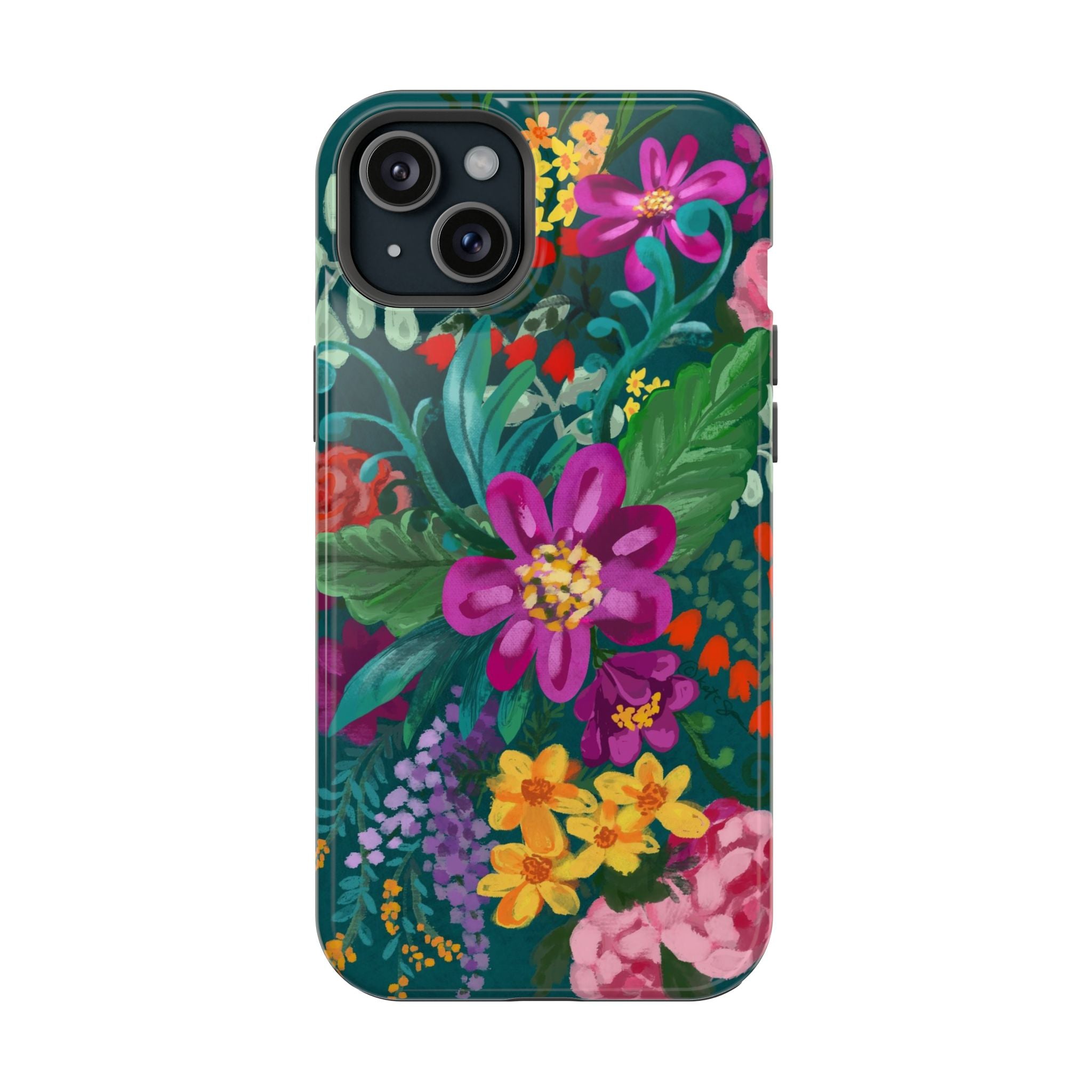 Posy MagSafe iPhone 15 Plus Case – Glossy | teal, magenta, yellow, pink vibrant botanical floral print