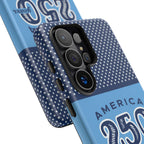 Sea to Shining Sea Samsung Galaxy S26 Ultra Case Matte – angled view close-up of buttons and camera cutout in case in navy, sky blue, red patriotic America 250 commemorative print