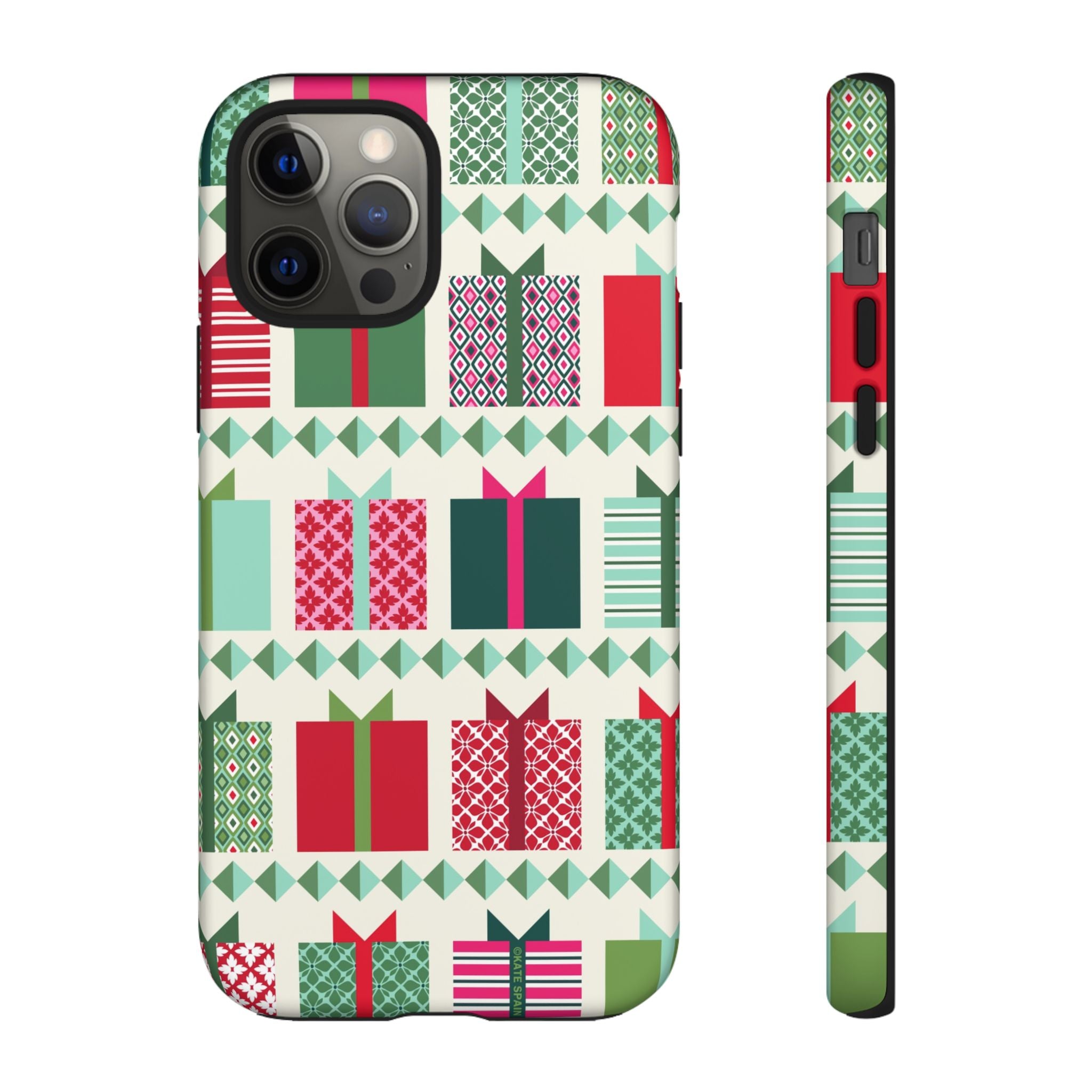 All Wrapped Up Tough iPhone 12 Pro Case – Matte | cream, red, pink, green, mint geometric gift wrap holiday print