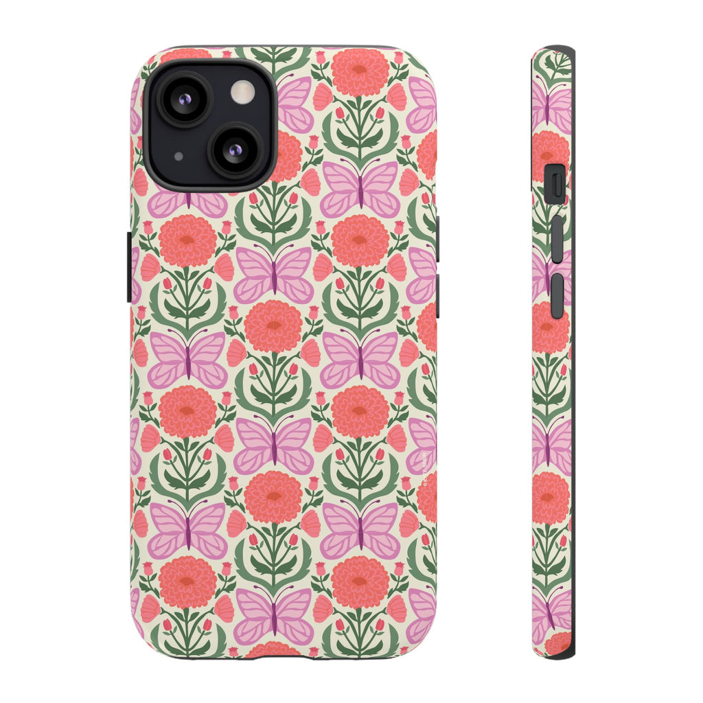 Pink Butterfly Tough iPhone 13 Case – Glossy | pink, coral, green, cream butterfly floral print