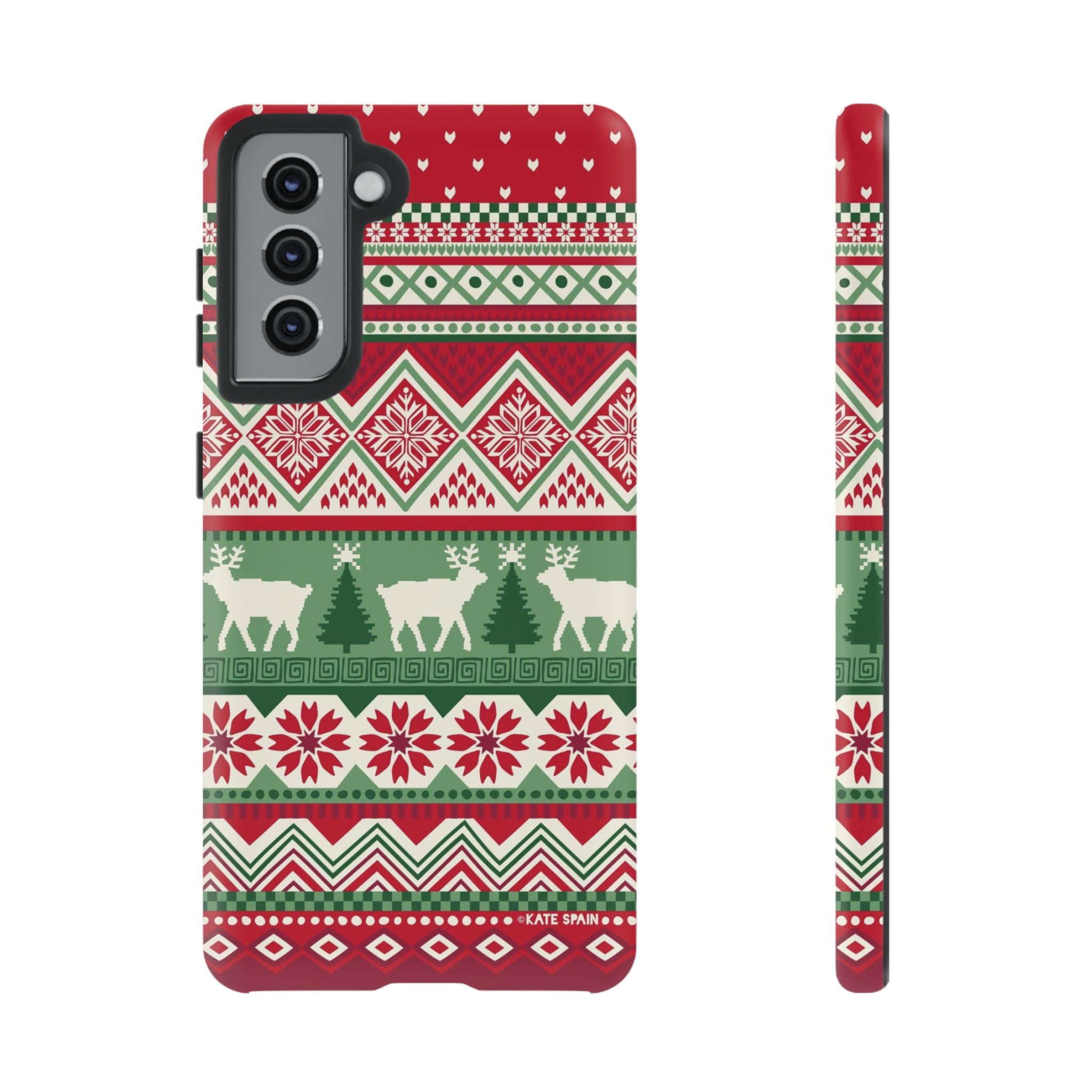Luxury Telemark Samsung Galaxy S21 Case – Matte | red, green, cream Nordic fair isle reindeer print