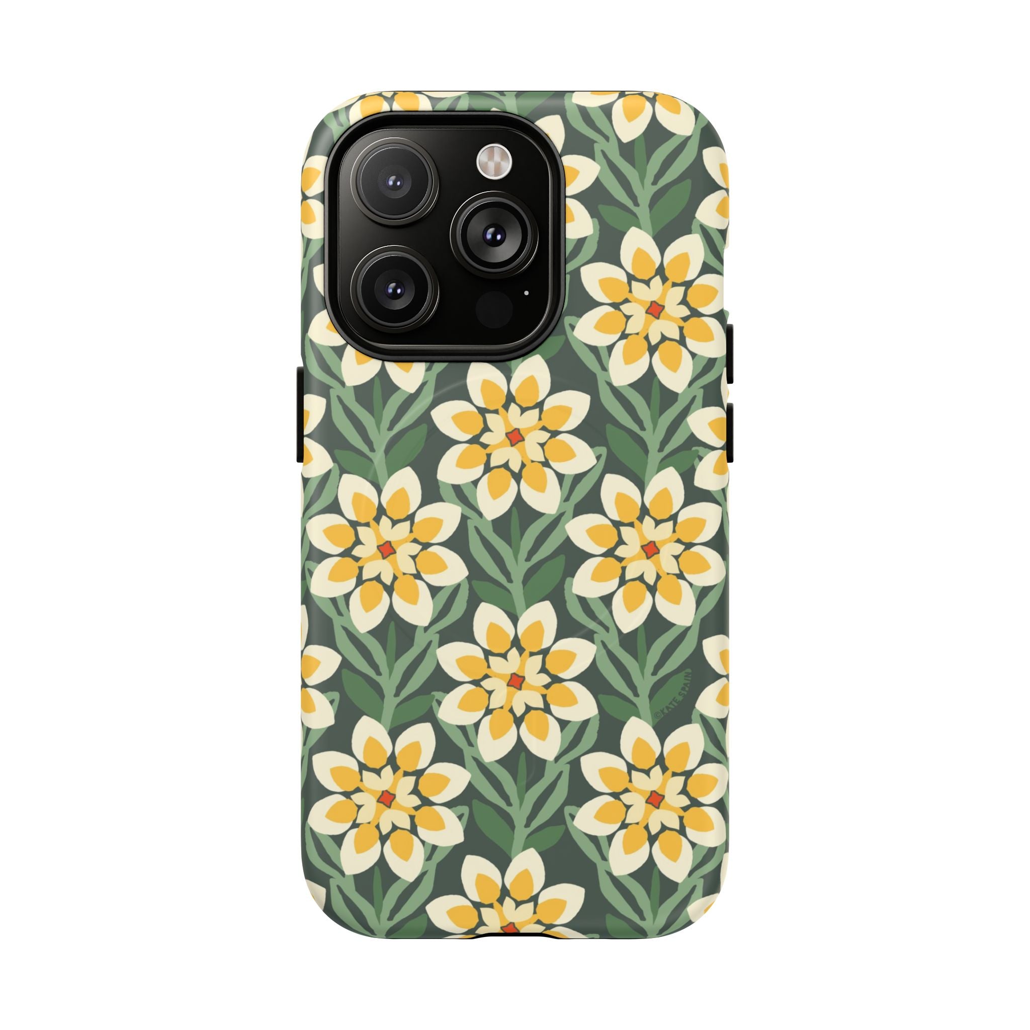 Designer Modern Dahlia MagSafe iPhone 14 Pro Case – Matte | yellow, cream, green dahlia floral print