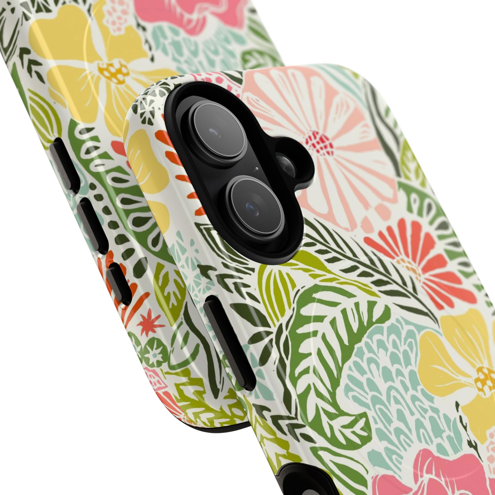 Tropica MagSafe iPhone 17 Case – Glossy | yellow, coral, pink, green botanical tropical floral print | angled view closeup of camera cutout and buttons