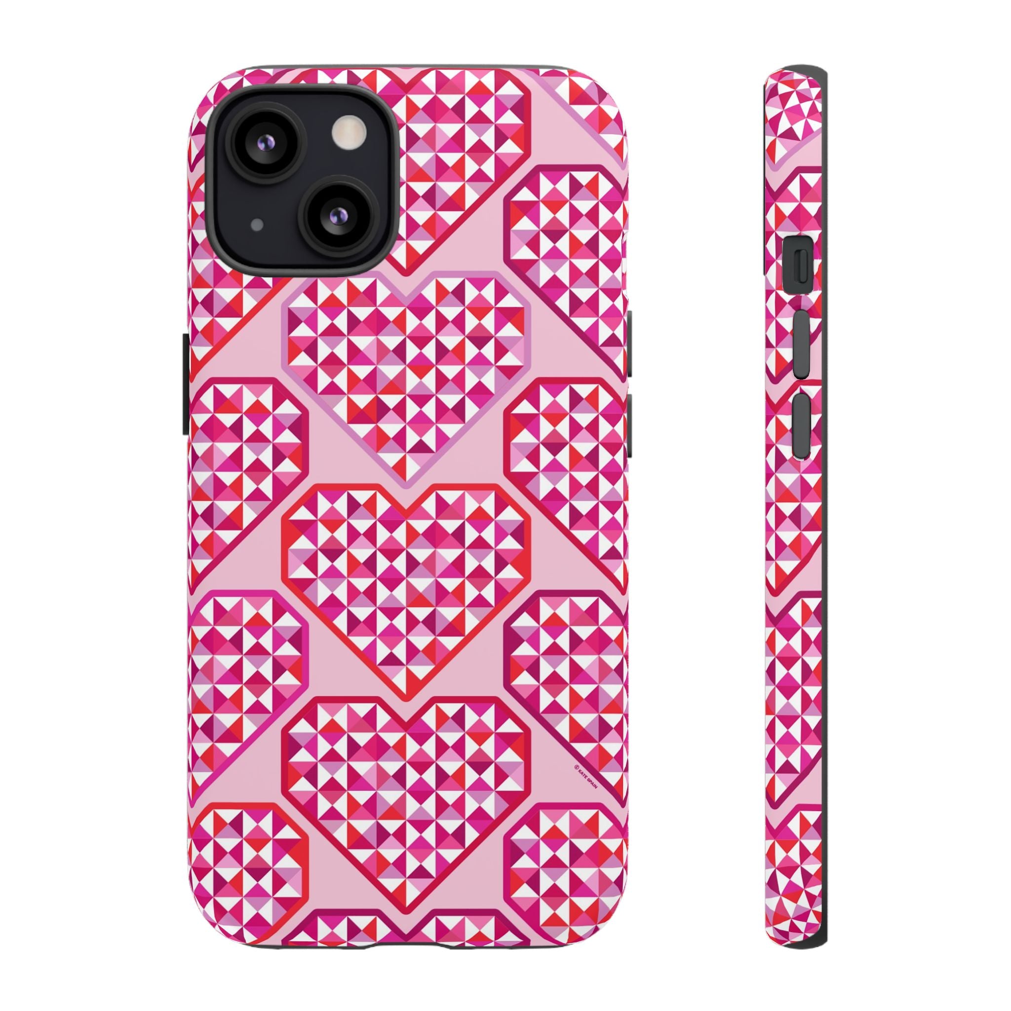 Pink Pyramid Heart Tough iPhone 13 Case – Glossy | blush, pink, magenta, red geometric pyramid heart print