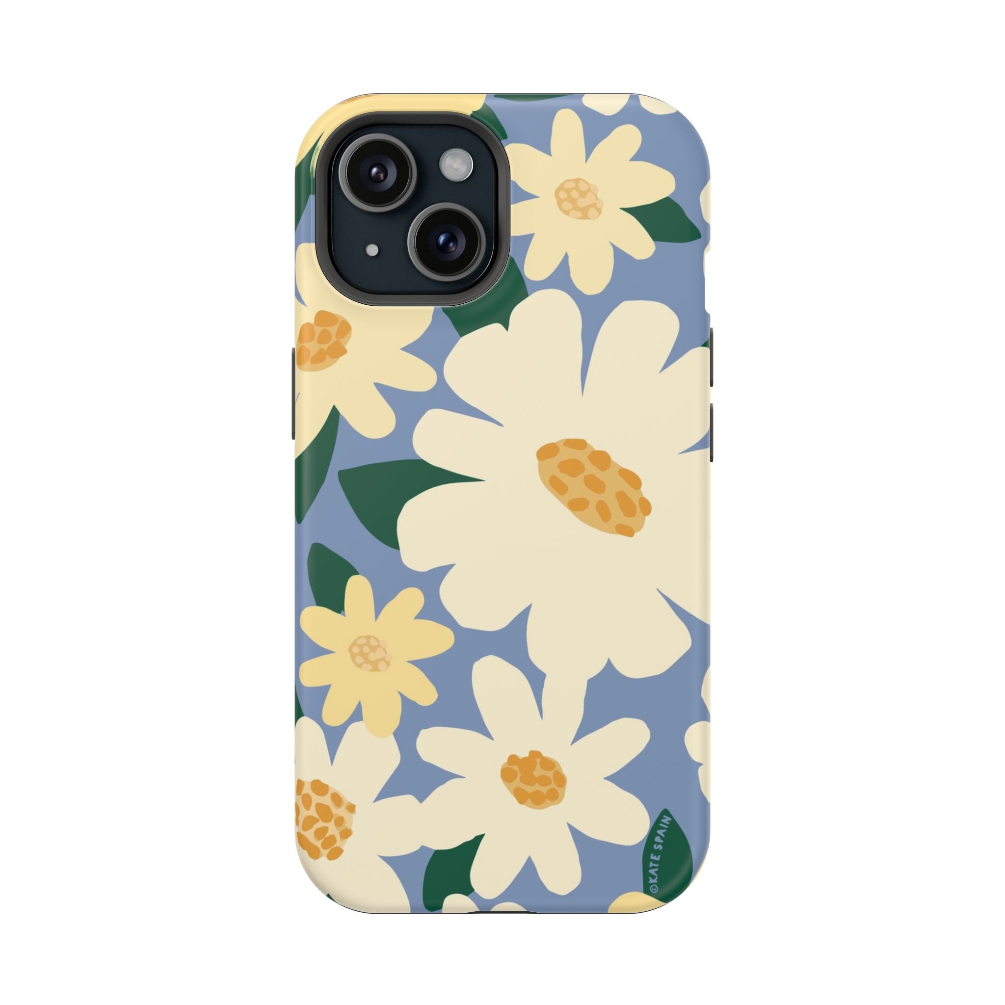 Chamomile MagSafe iPhone 15 Case – Matte | periwinkle, cream, yellow botanical daisy floral print MagSafe compatible, dual-layer protection