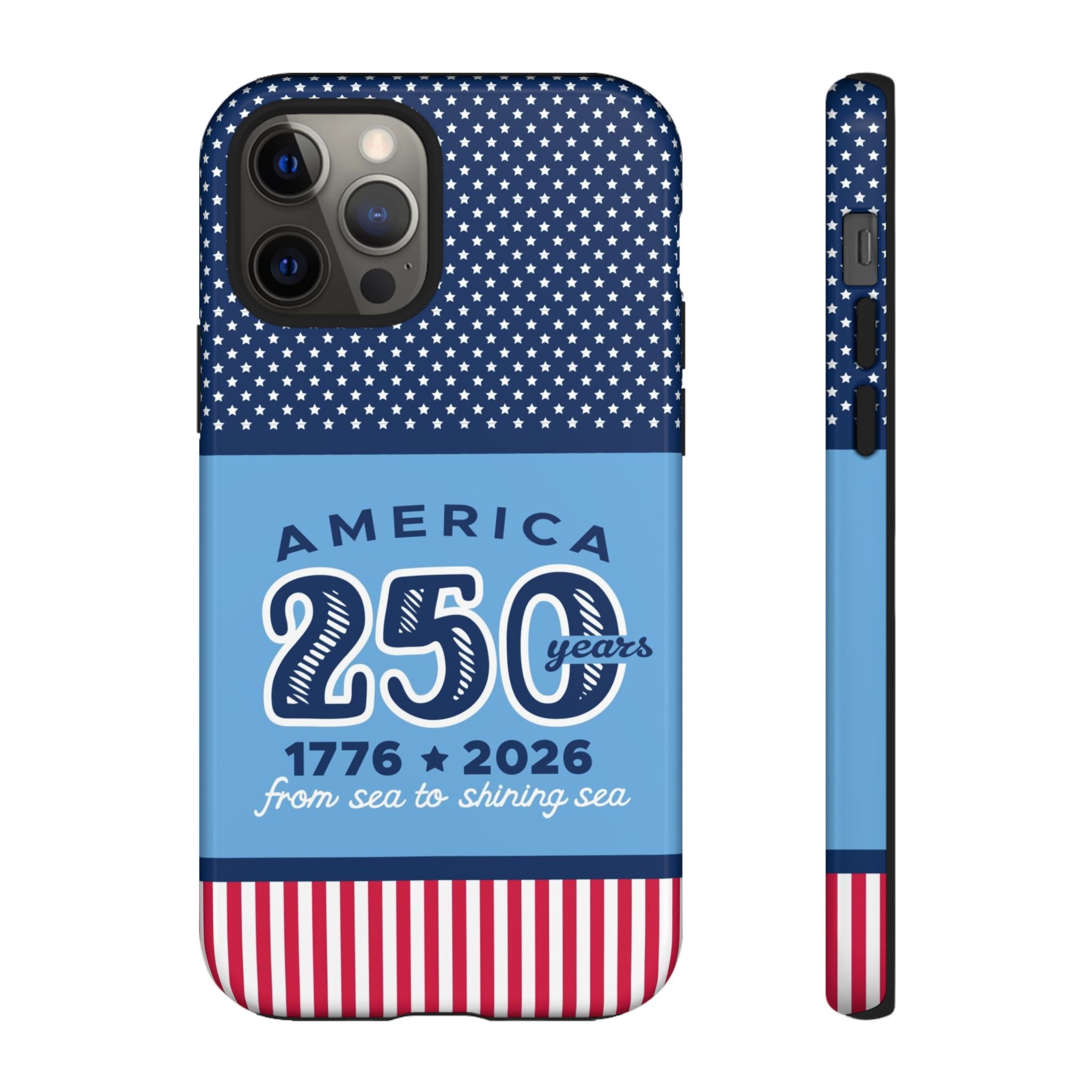 Sea to Shining Sea Tough iPhone 12 Pro Case – Glossy | navy, sky blue, red, white American stars & stripes 250th anniversary print