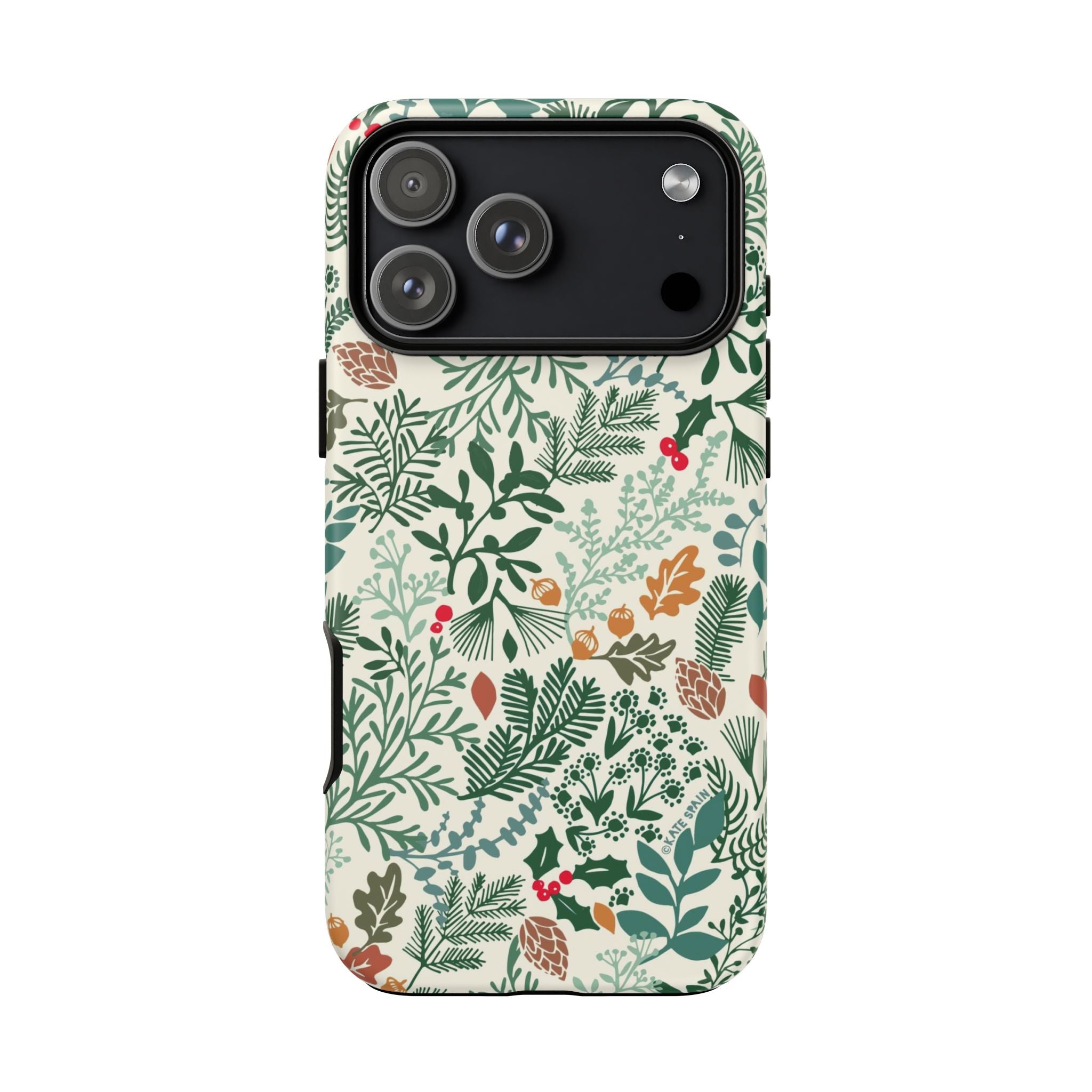 Juniper Tough iPhone 17 Pro Max Case – Matte | cream, green, red botanical woodland print