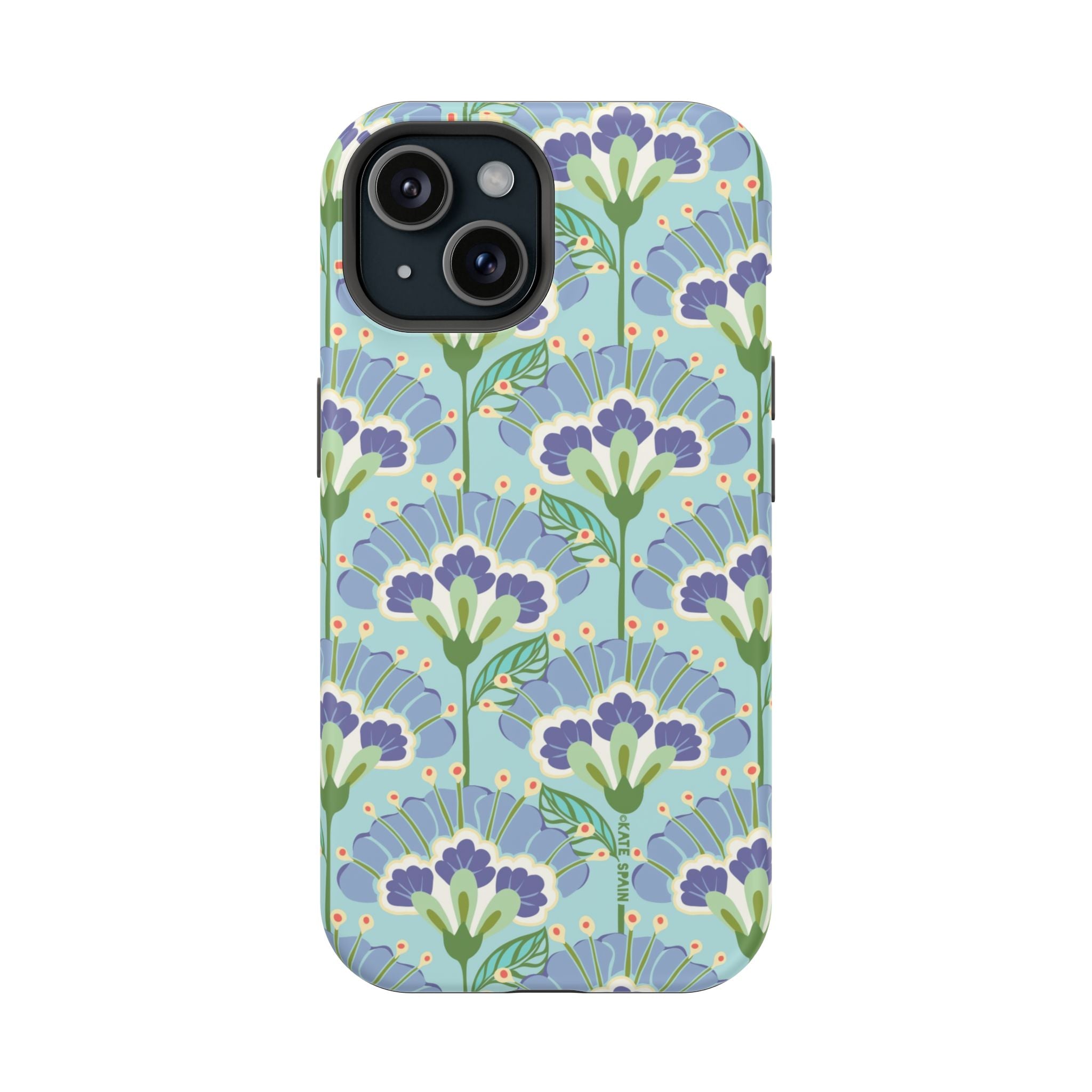 Lantern Flower MagSafe iPhone 15 Case – Matte | aqua, periwinkle, green botanical lantern floral print MagSafe compatible, dual-layer protection