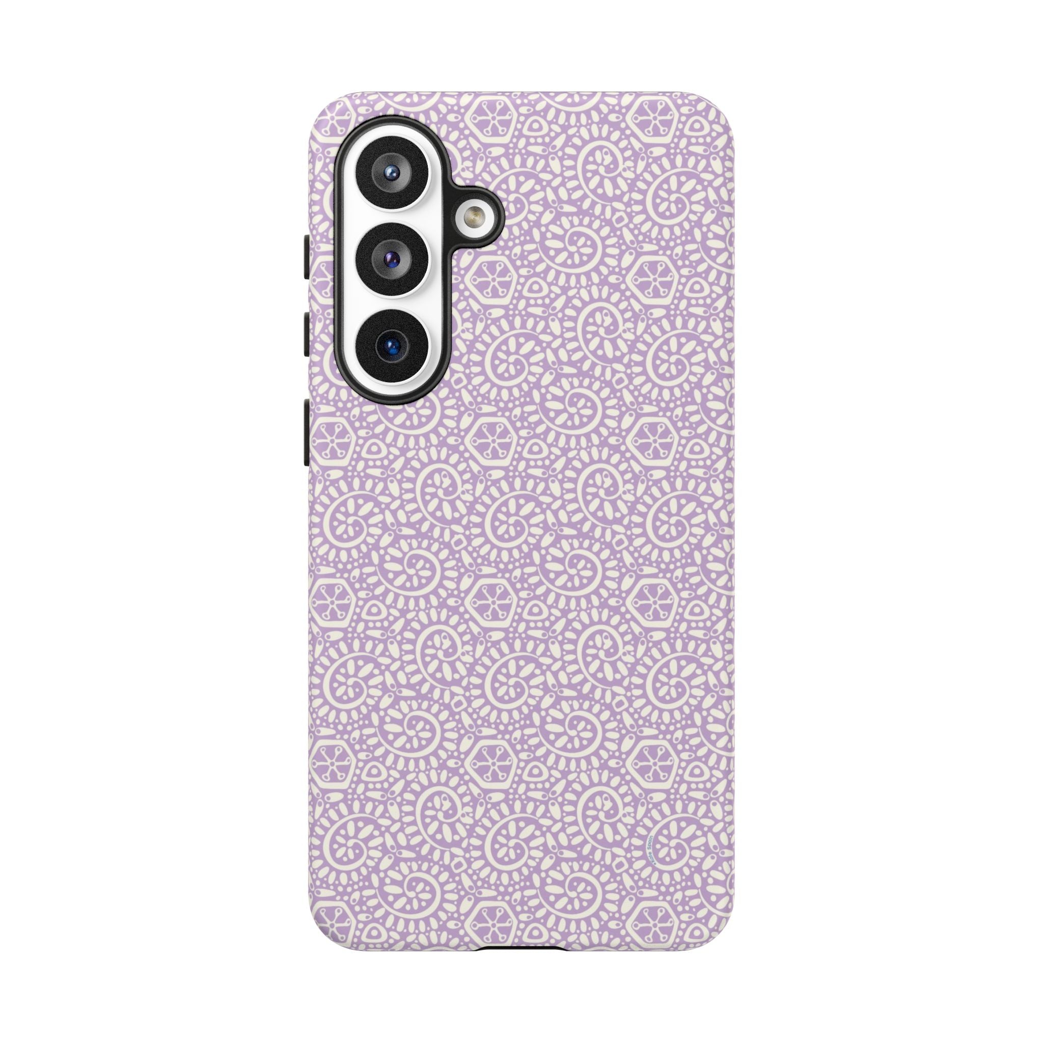 Canto Swirls Lavender Samsung Galaxy S26 Plus Matte Case — lavender hard case covered in an intricate folk-art medallion pattern of radiating circular motifs, dot clusters, and geometric centers