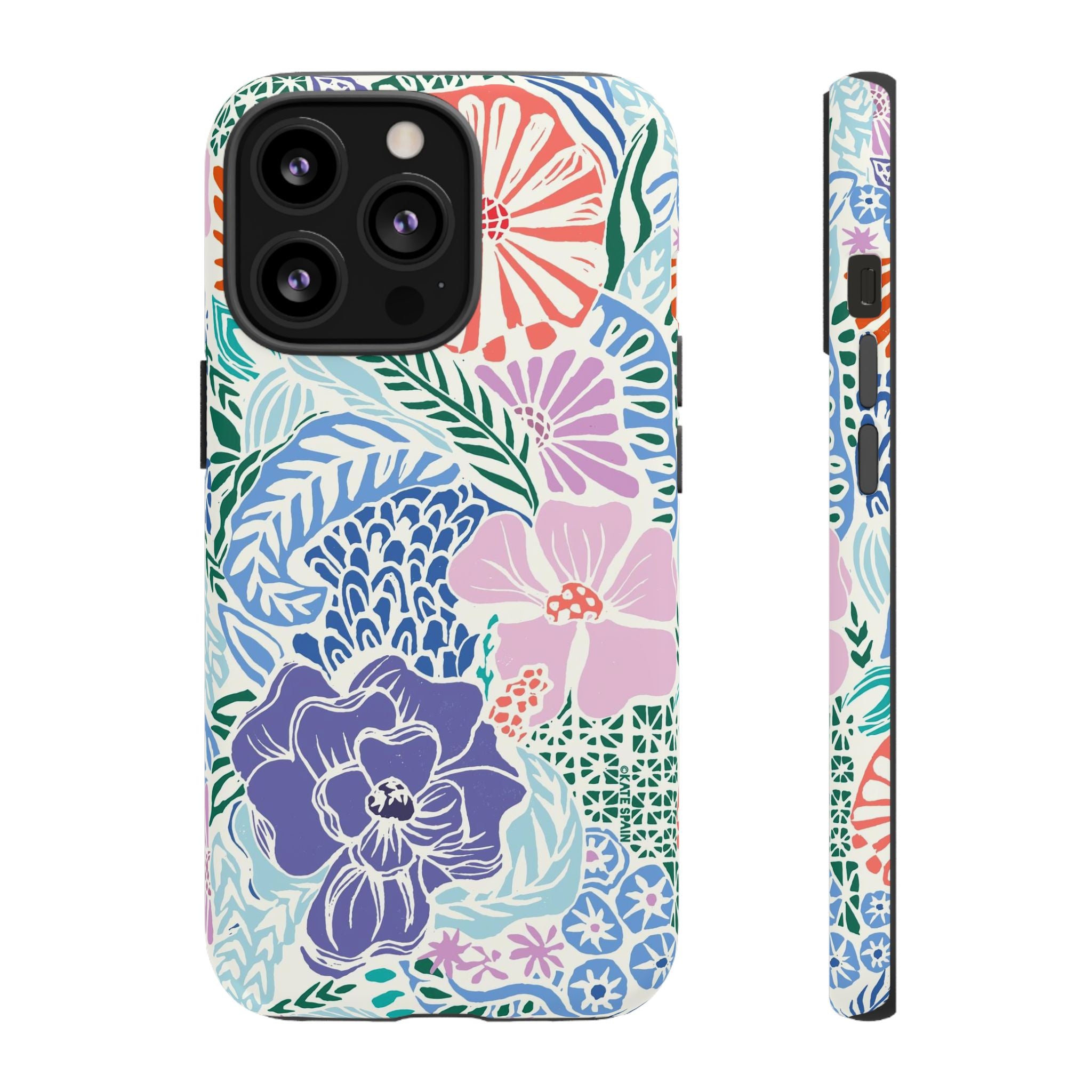 Tropica Tough iPhone 13 Pro Case – Matte | purple, coral, pink, blue botanical tropical floral print