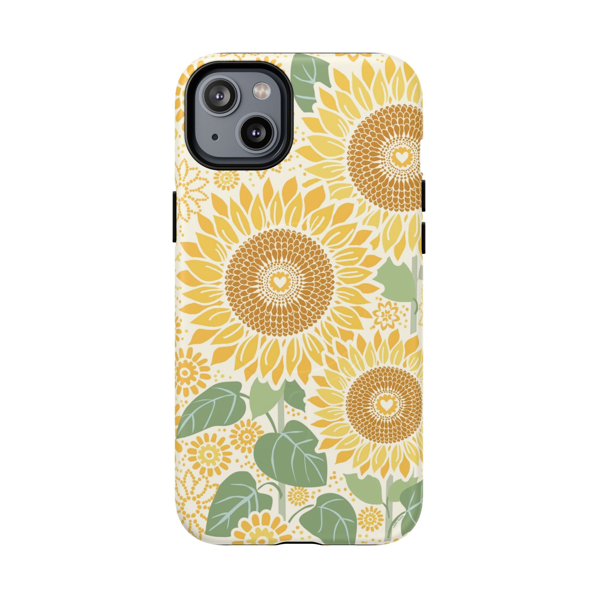 Sunny Sunflower MagSafe iPhone 14 Plus – Matte | cream ground, large-scale yellow sunflower print, golden seed detail with heart centers, dual-layer protection