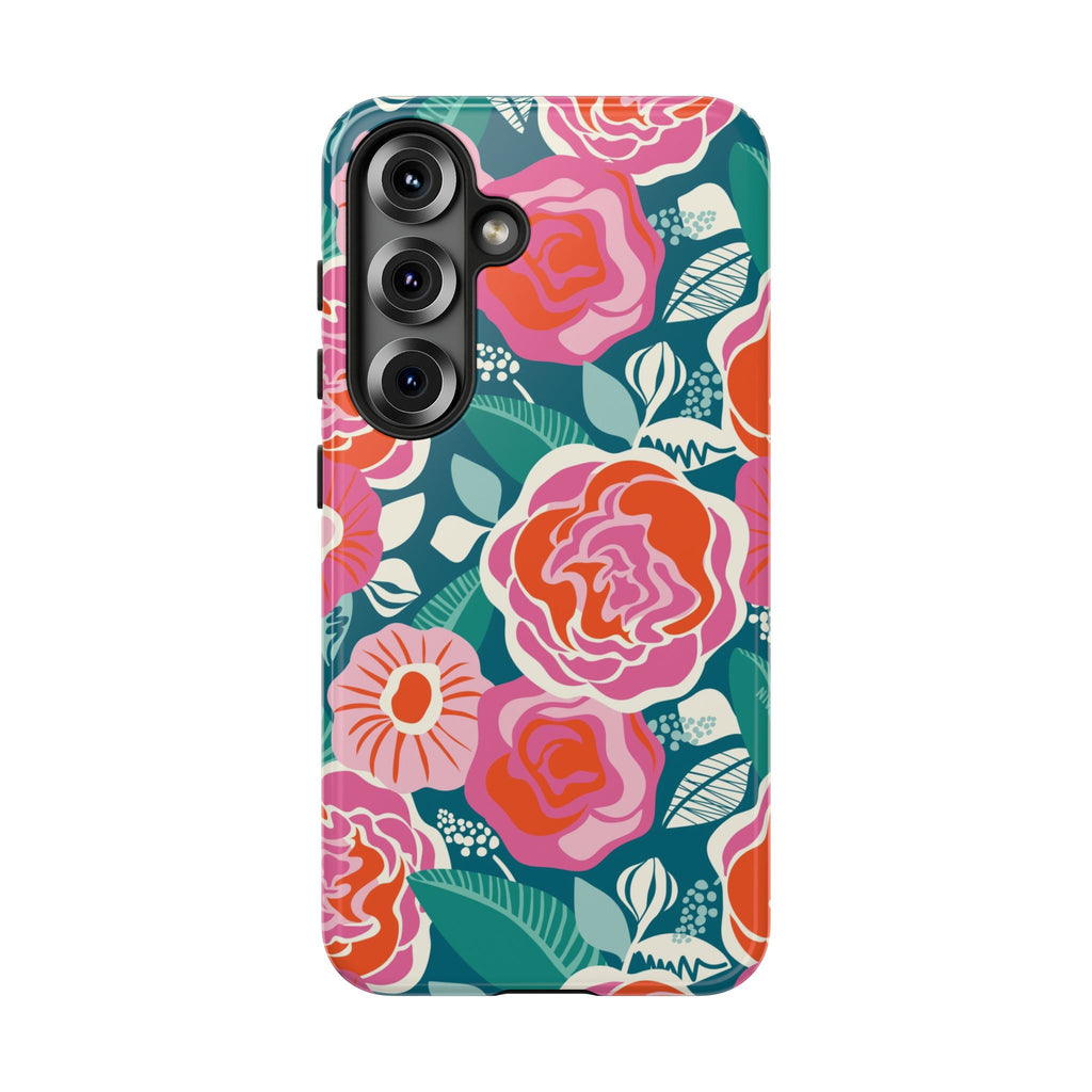 Luxury Tea Rose Teal Samsung Galaxy S25 Case – Glossy | teal, coral, pink botanical rose floral print