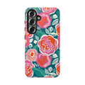 Luxury Tea Rose Teal Samsung Galaxy S25 Case – Glossy | teal, coral, pink botanical rose floral print