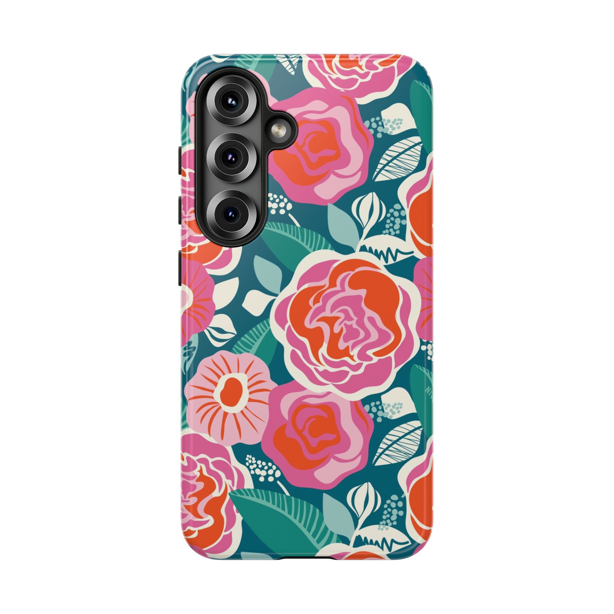 Luxury Tea Rose Teal Samsung Galaxy S25 Case – Glossy |  teal, coral, pink botanical rose floral print