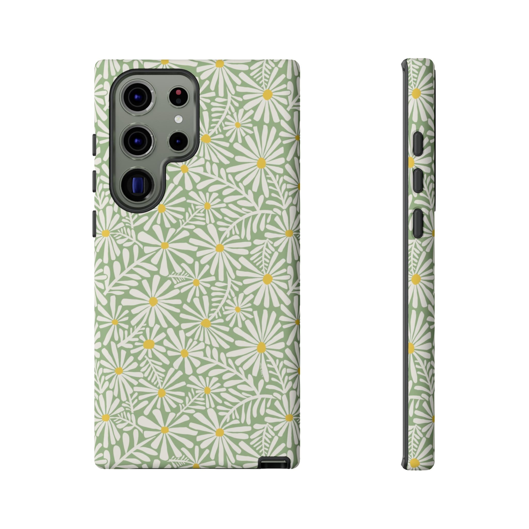 Montauk Daisy Meadow Green Samsung Galaxy S23 Ultra Matte case — white daisy and fern print on sage green by Kate Spain