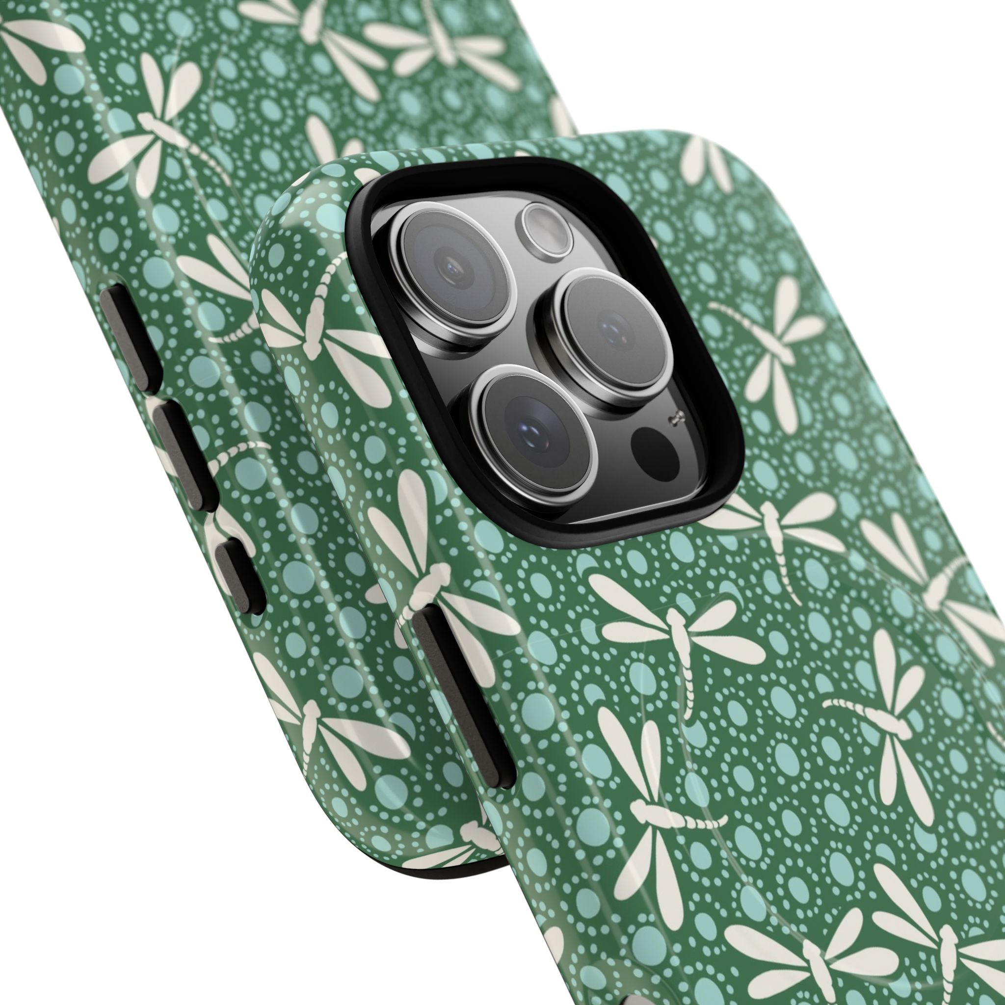 Designer Dragonfly MagSafe iPhone 16 Pro Case – detail view of 3 lenses in camera | jade green, aqua, cream dragonfly print