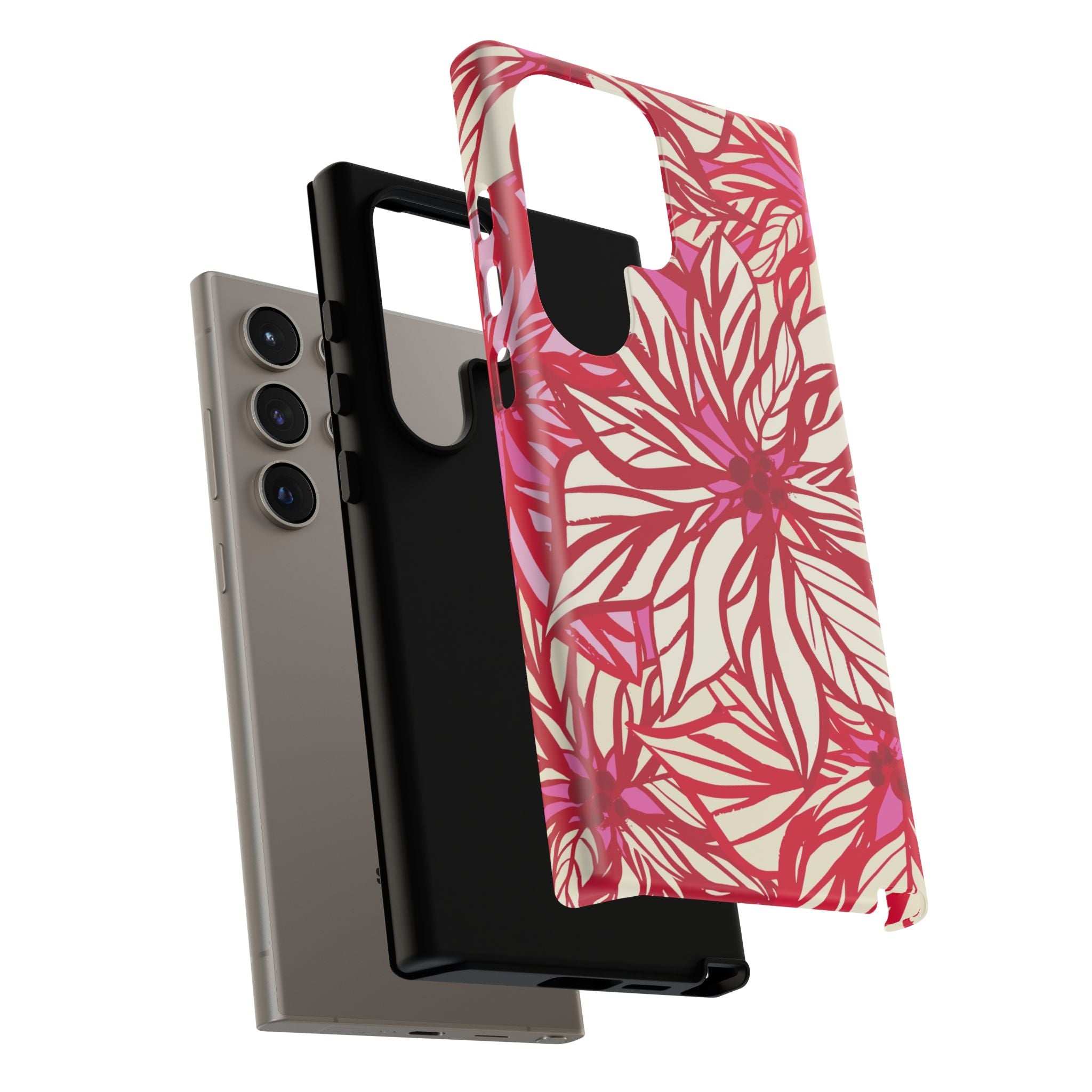 Poinsettia Samsung Galaxy Case – detail view of layered construction | cream, red, pink poinsettia botanical print