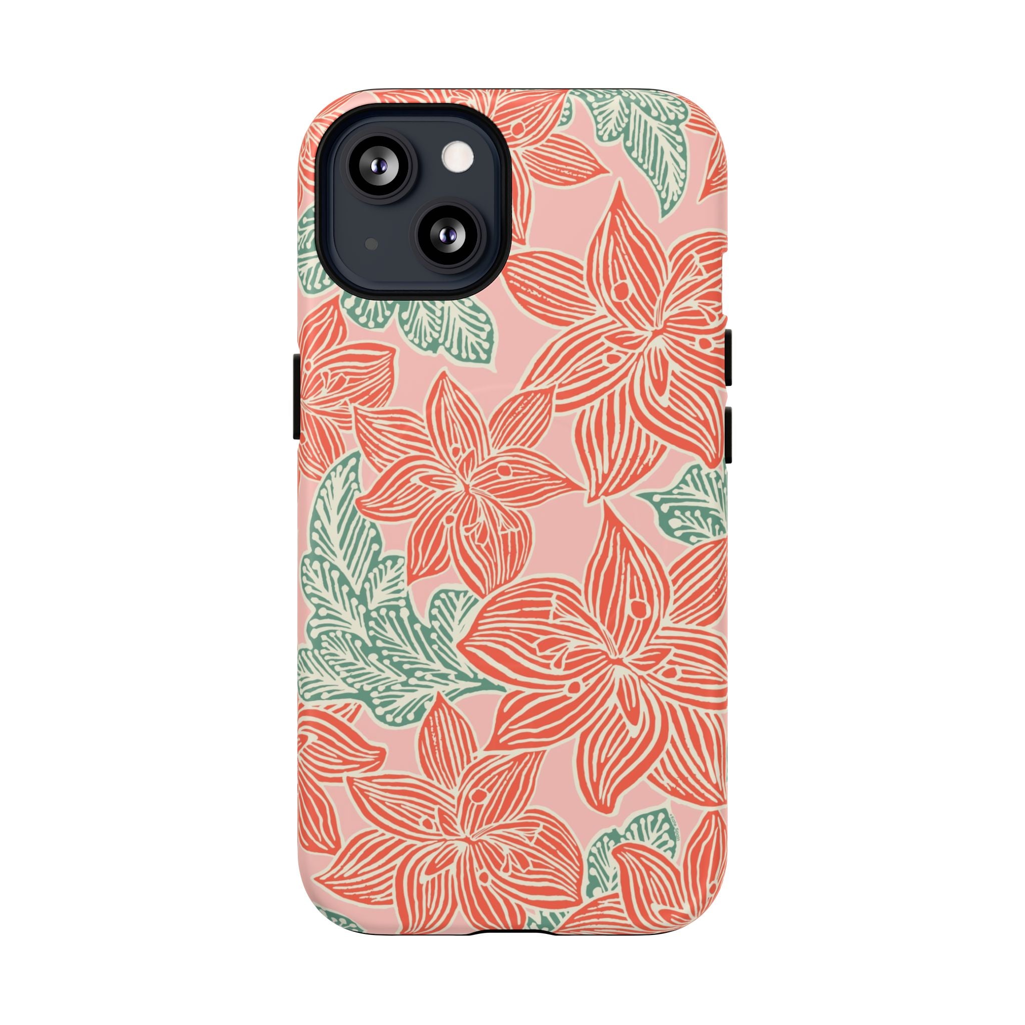 Hibiscus Coral MagSafe iPhone 13 Matte Case — blush pink hard case with large-scale coral red hibiscus flowers and teal-green leaves in a bold botanical linework print, densely layered across the surface