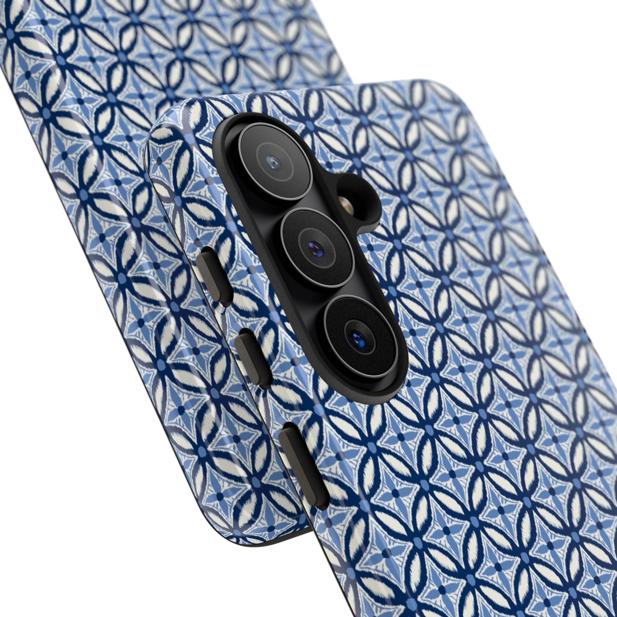 Phone case with blue and white geometric pattern on a white background