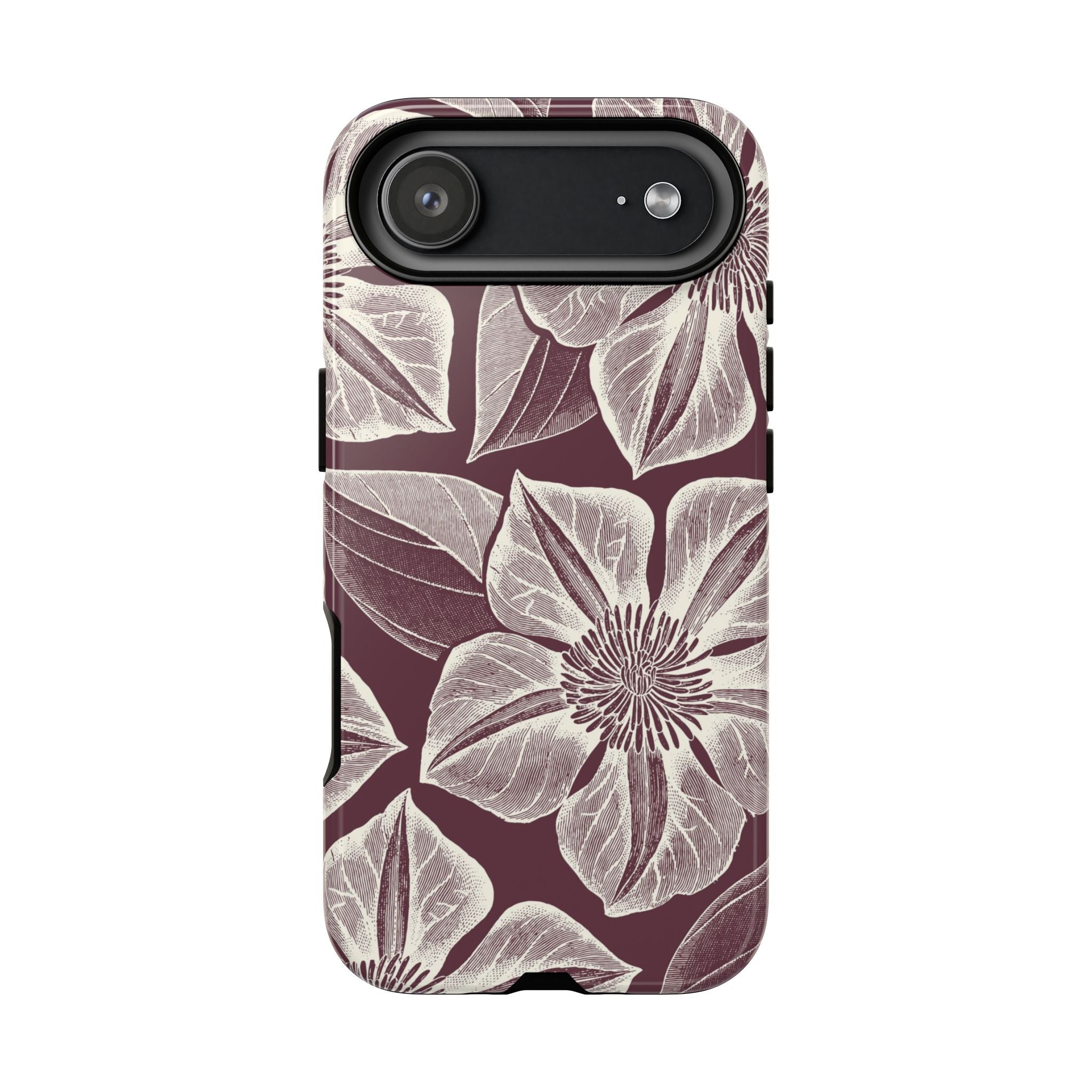 Vintage Bloom Burgundy iPhone 17 Air case – Glossy | burgundy ground, large-scale cream clematis print, engraved petal detail, dual-layer protection