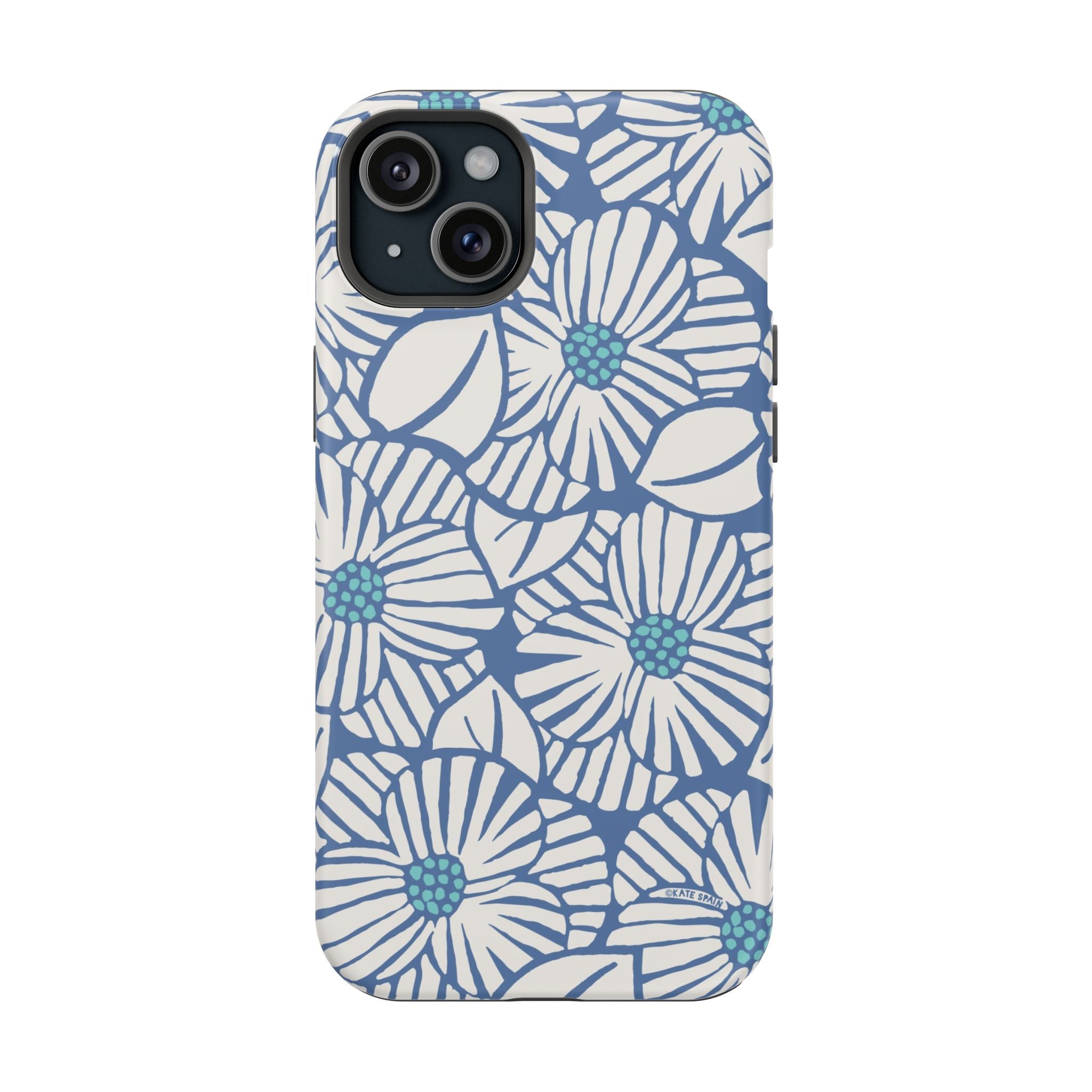 Calendula MagSafe iPhone 15 Pro Max Case – Glossy | slate blue, cream, teal kimono botanical print