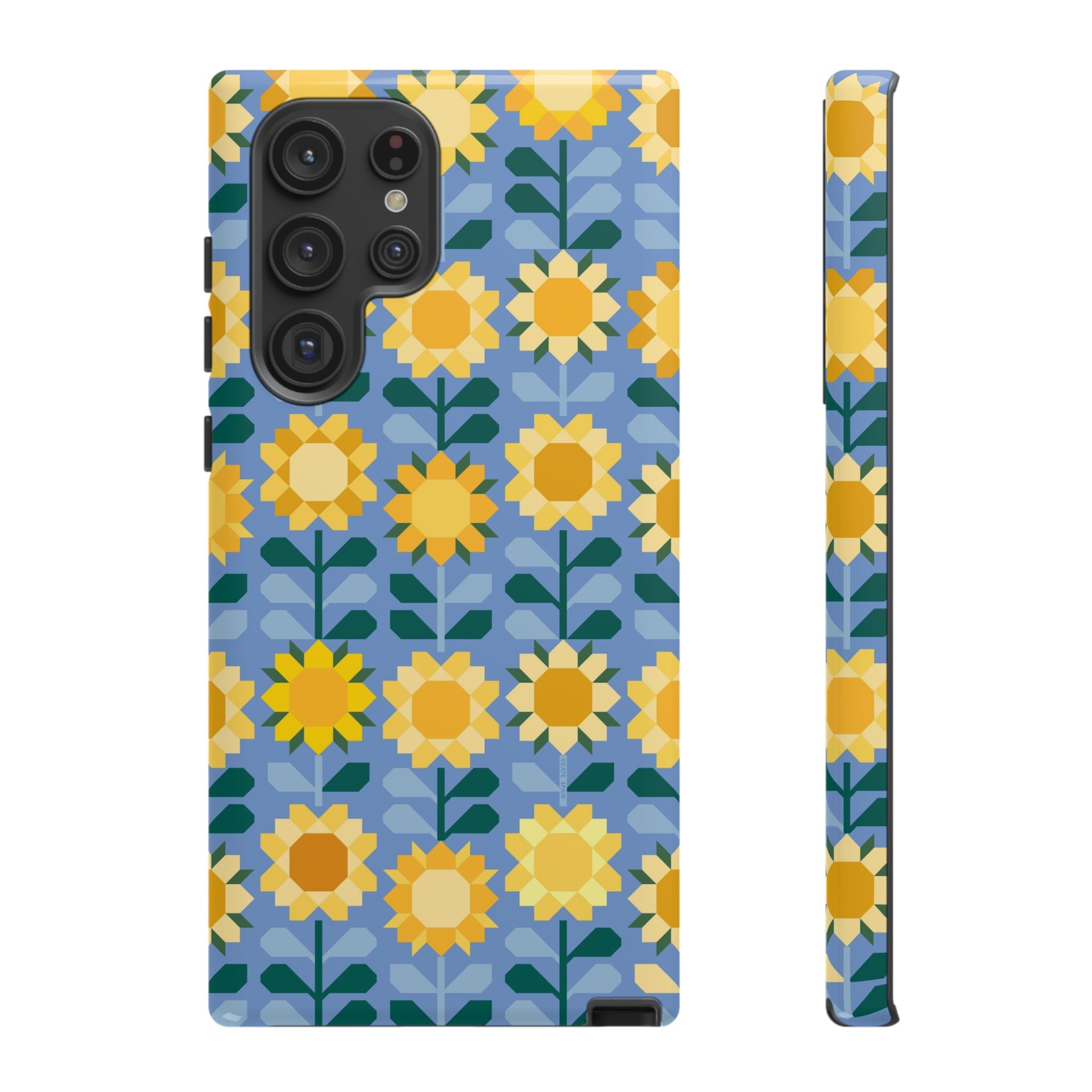 Luxury Sunflowers Samsung Galaxy S22 Ultra Case – Glossy | blue, yellow, gold geometric sunflower print 
