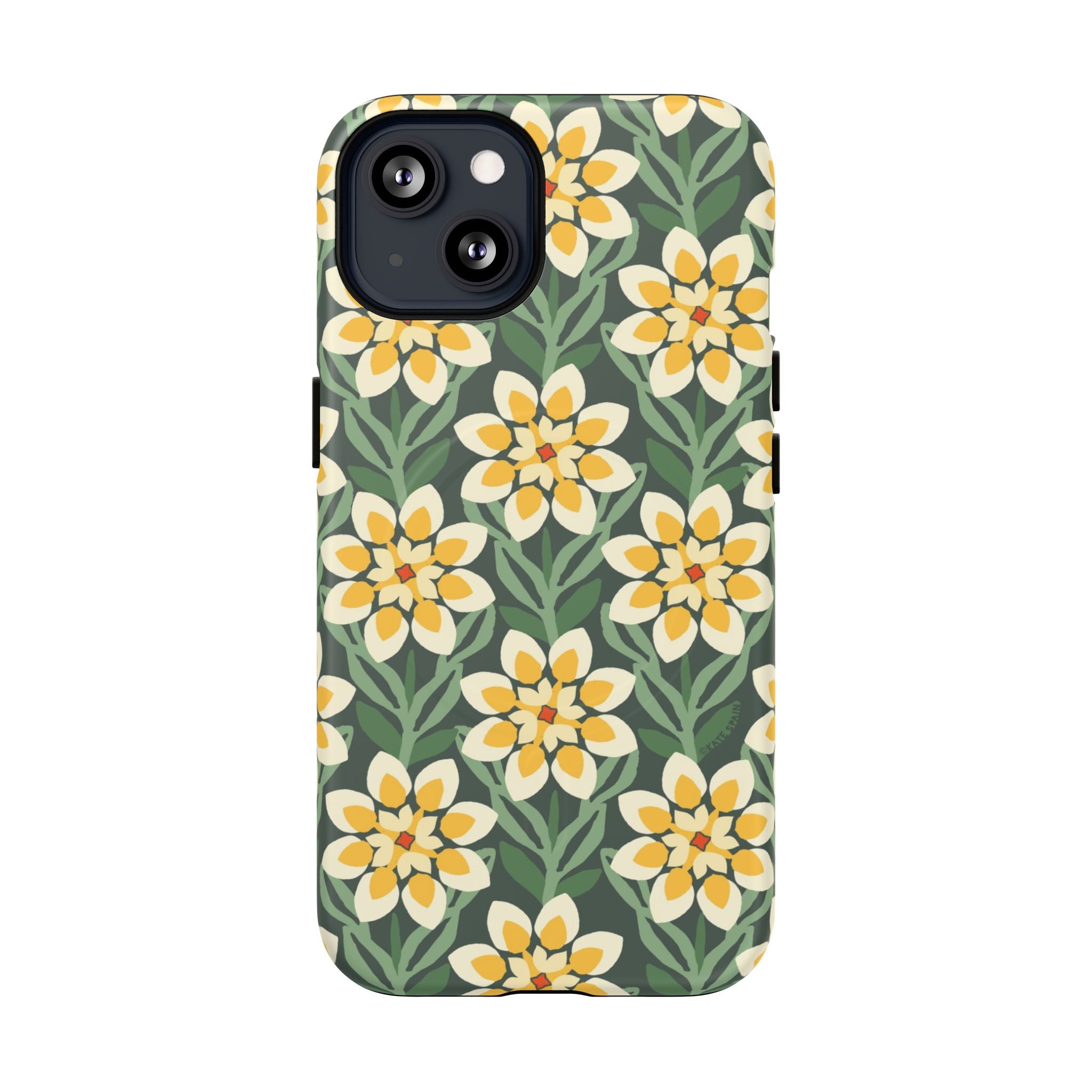 Designer Modern Dahlia MagSafe iPhone 13 Case – Matte | yellow, cream, green dahlia floral print
