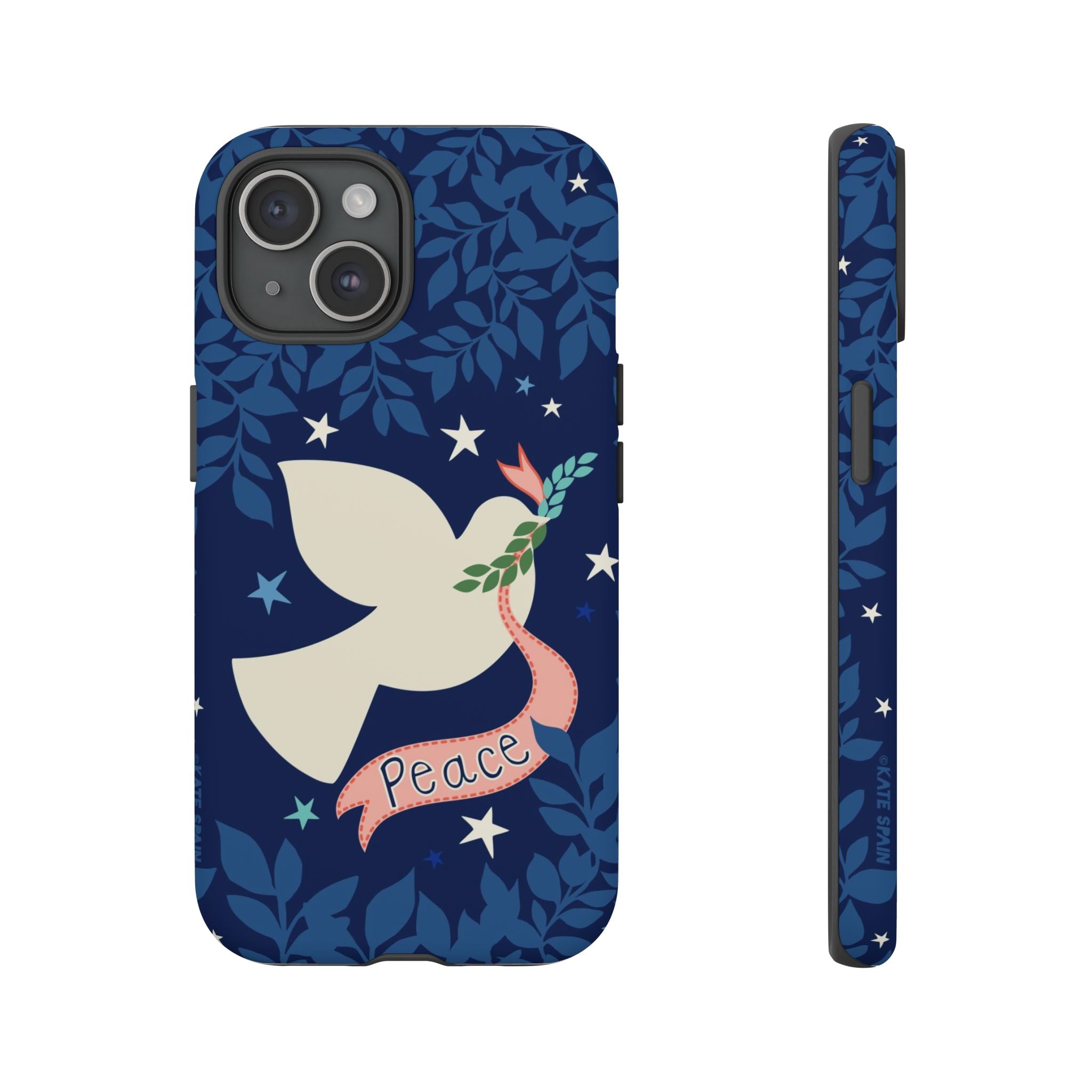 Peace Tough iPhone 15 Case – Matte | navy, cream peace dove, stars, botanical print