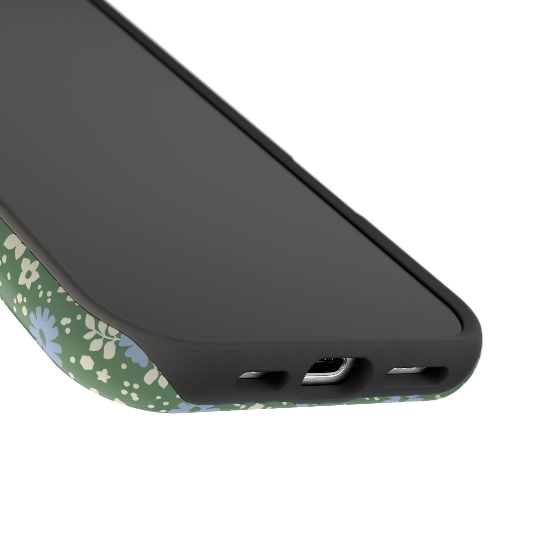 Petaline MagSafe iPhone 16 Pro Max Case – Glossy | close-up of bottom ports and openings, sage green, white, blue dainty ditsy daisy floral print
