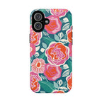 Luxury Tea Rose Teal MagSafe iPhone 16 Plus Case – Matte | teal, coral, pink botanical rose floral print