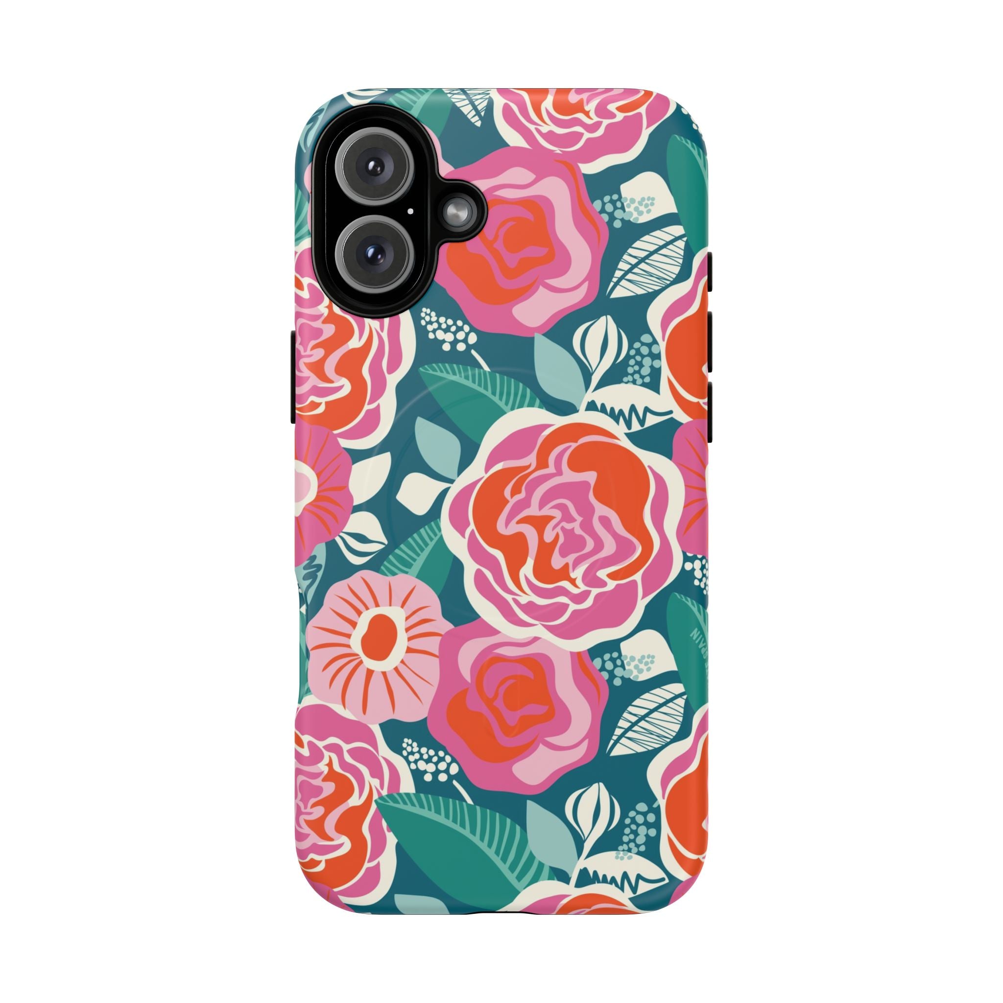 Luxury Tea Rose Teal MagSafe iPhone 16 Plus Case – Matte | teal, coral, pink botanical rose floral print