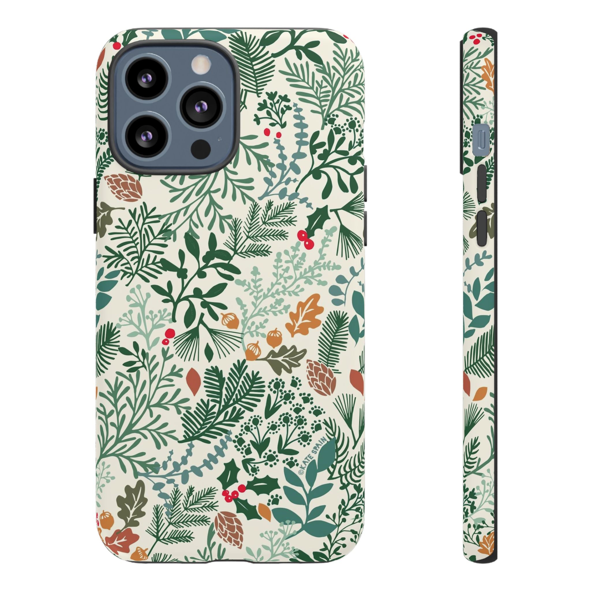 Juniper Tough iPhone 13 Pro Max Case – Matte | cream, green, red botanical woodland print