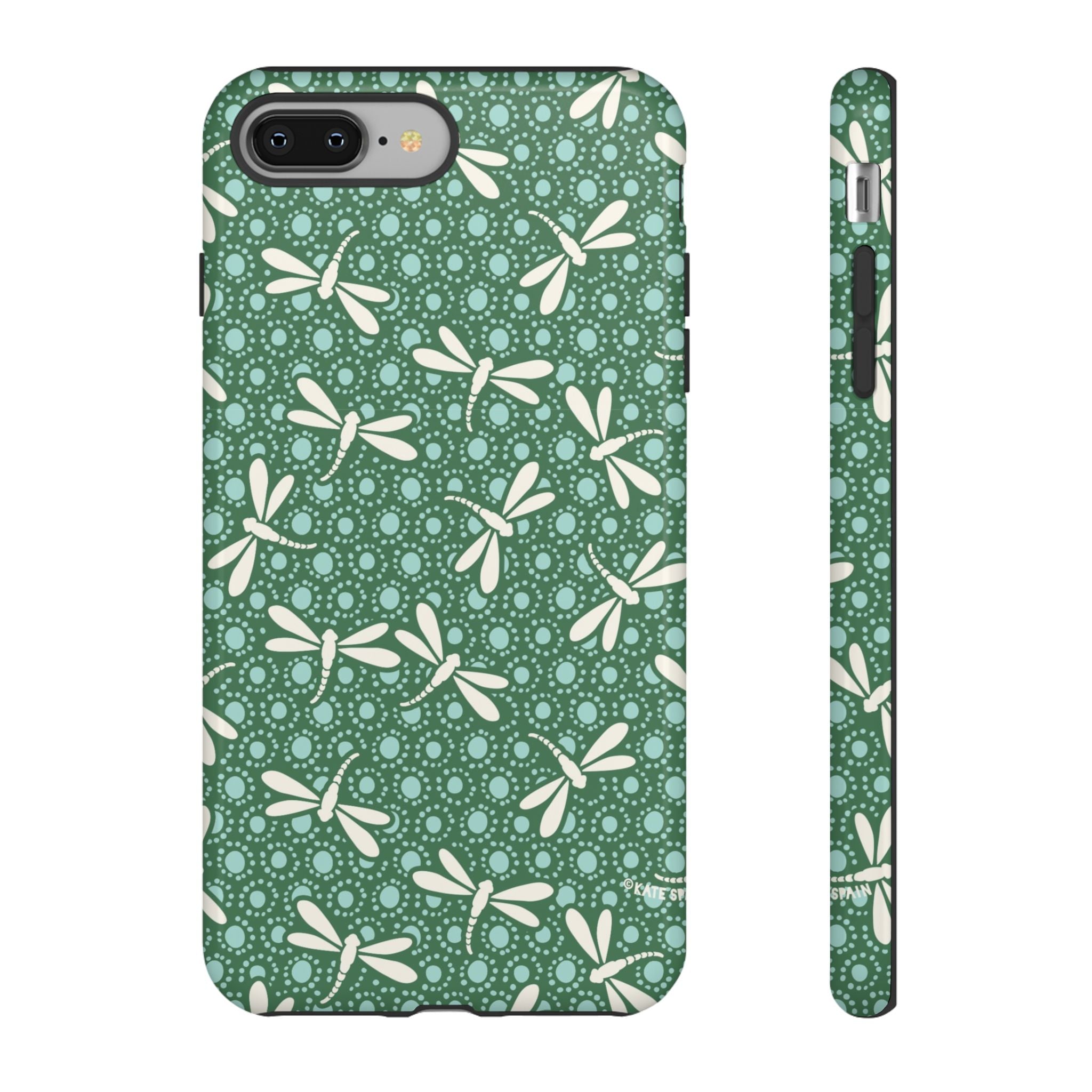 Designer Dragonfly Tough iPhone 8 Plus Case – Glossy | jade green, aqua, cream dragonfly print