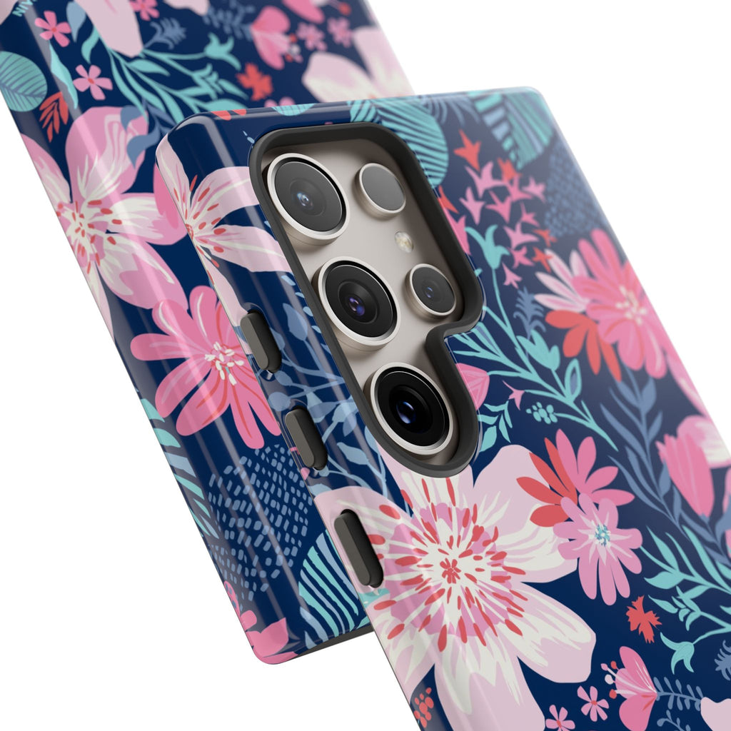 Tropical Bonaire Samsung Galaxy S24 Ultra Case – Glossy | 5 camera lenses on phone in protective case in navy, pink, white tropical floral botanical print