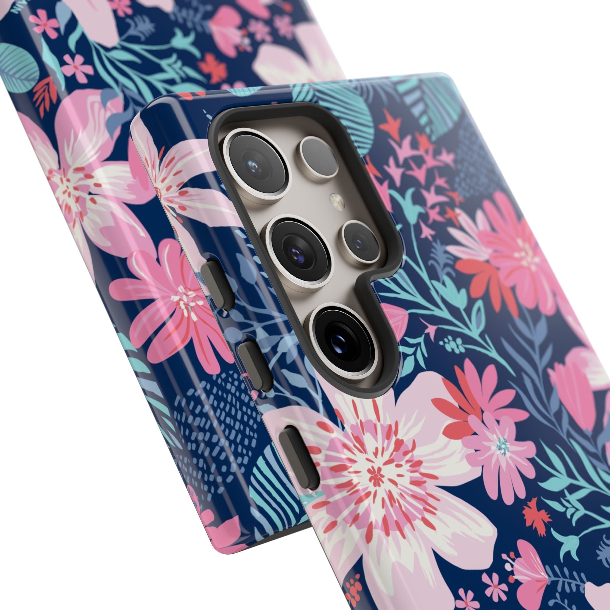 Tropical Bonaire Samsung Galaxy S24 Ultra Case – Glossy | 5 camera lenses on phone in protective case in navy, pink, white tropical floral botanical print