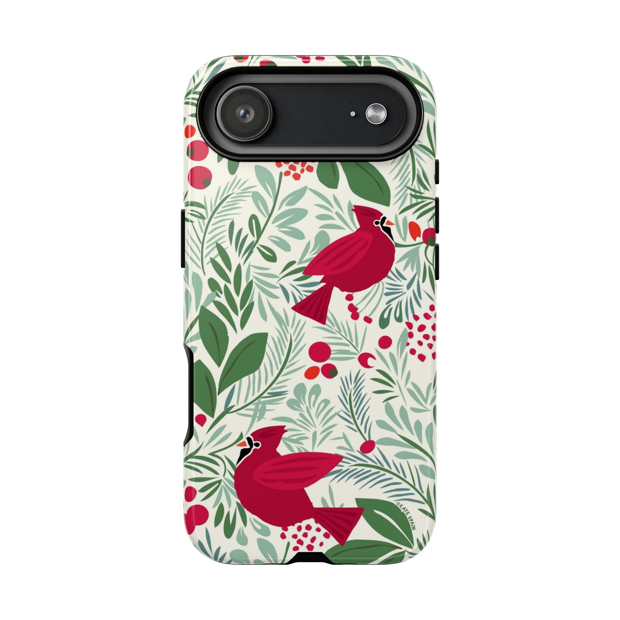 Birds and Berries Tough iPhone 17 Air Case – Glossy | cream, red, green botanical cardinal berry print