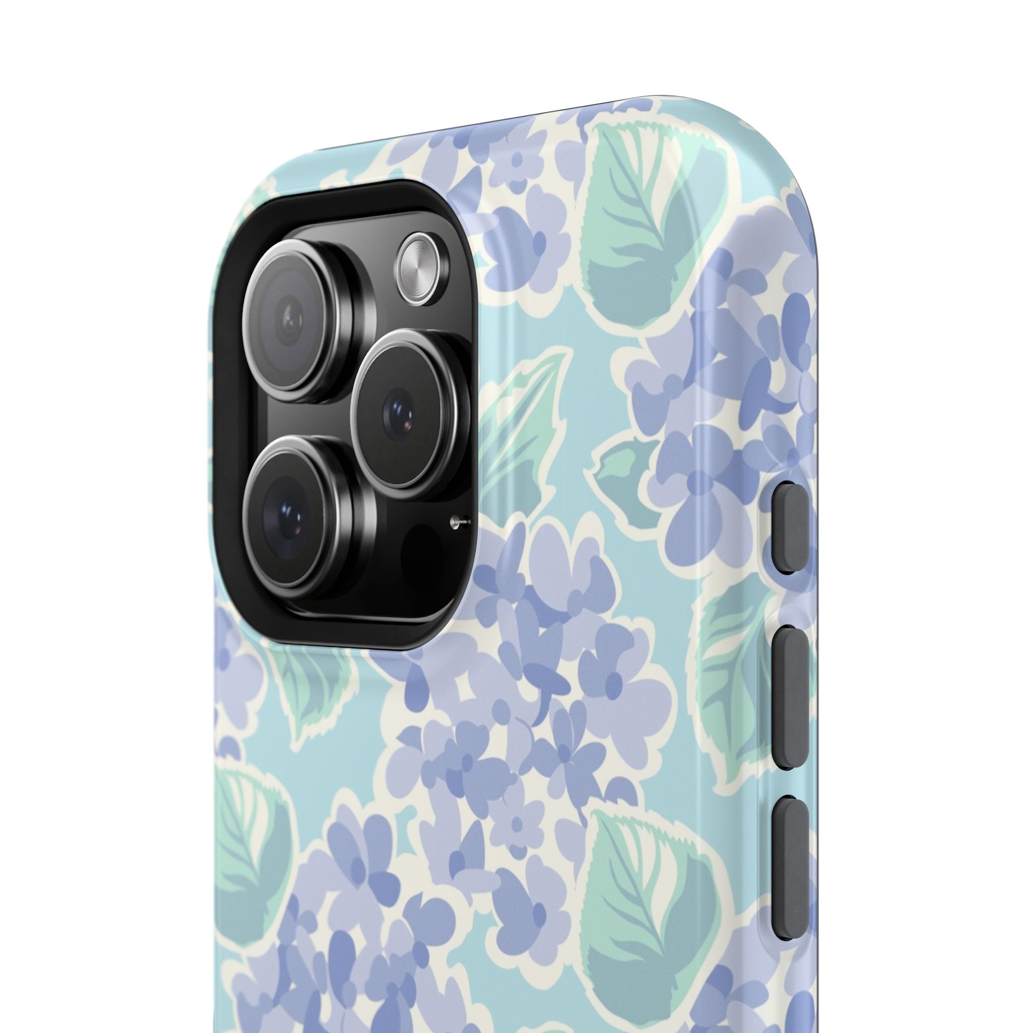 Nantucket Hydrangea MagSafe iPhone Case – lifestyle flat lay showcasing hydrangea botanical design