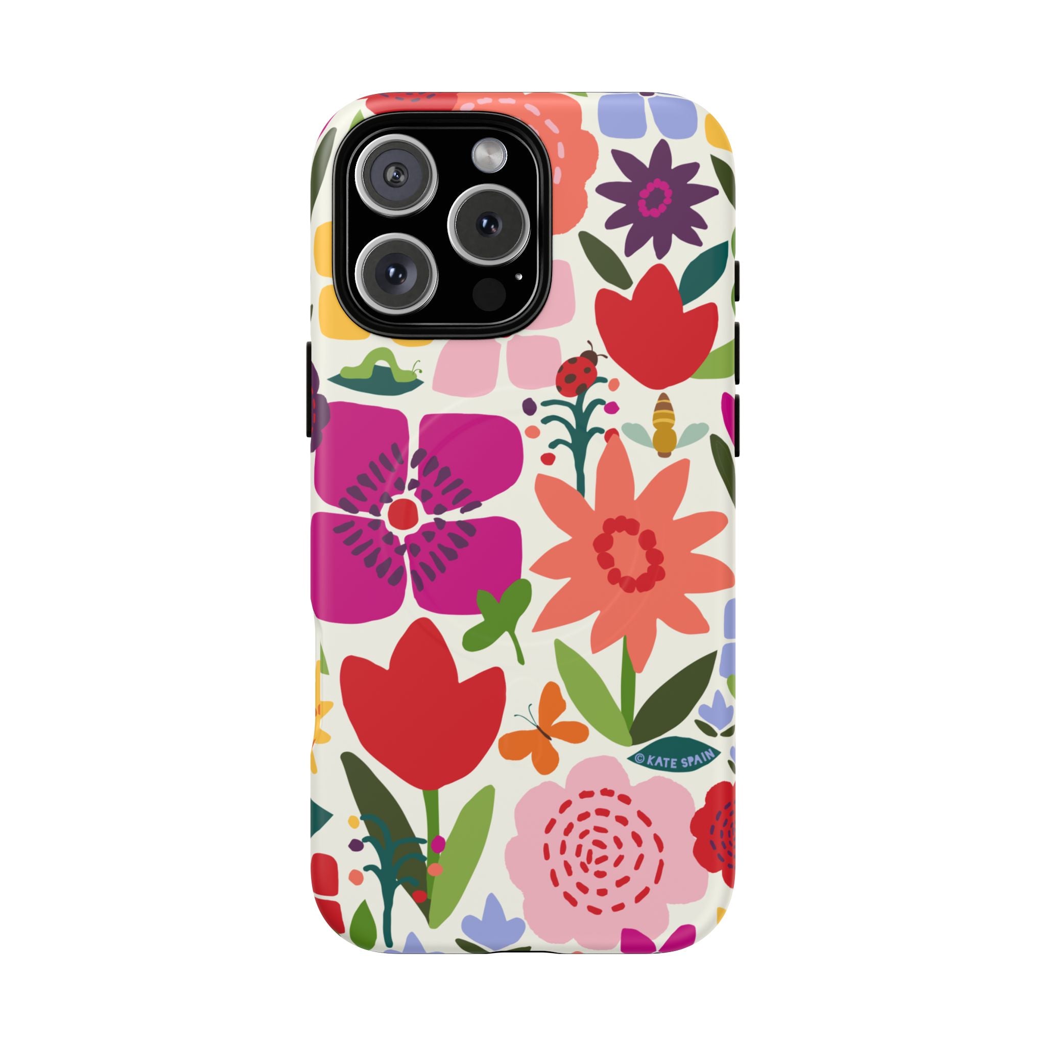 Happy Blooms MagSafe iPhone 16 Pro Max Case – Matte | cream, red, magenta, coral botanical floral print