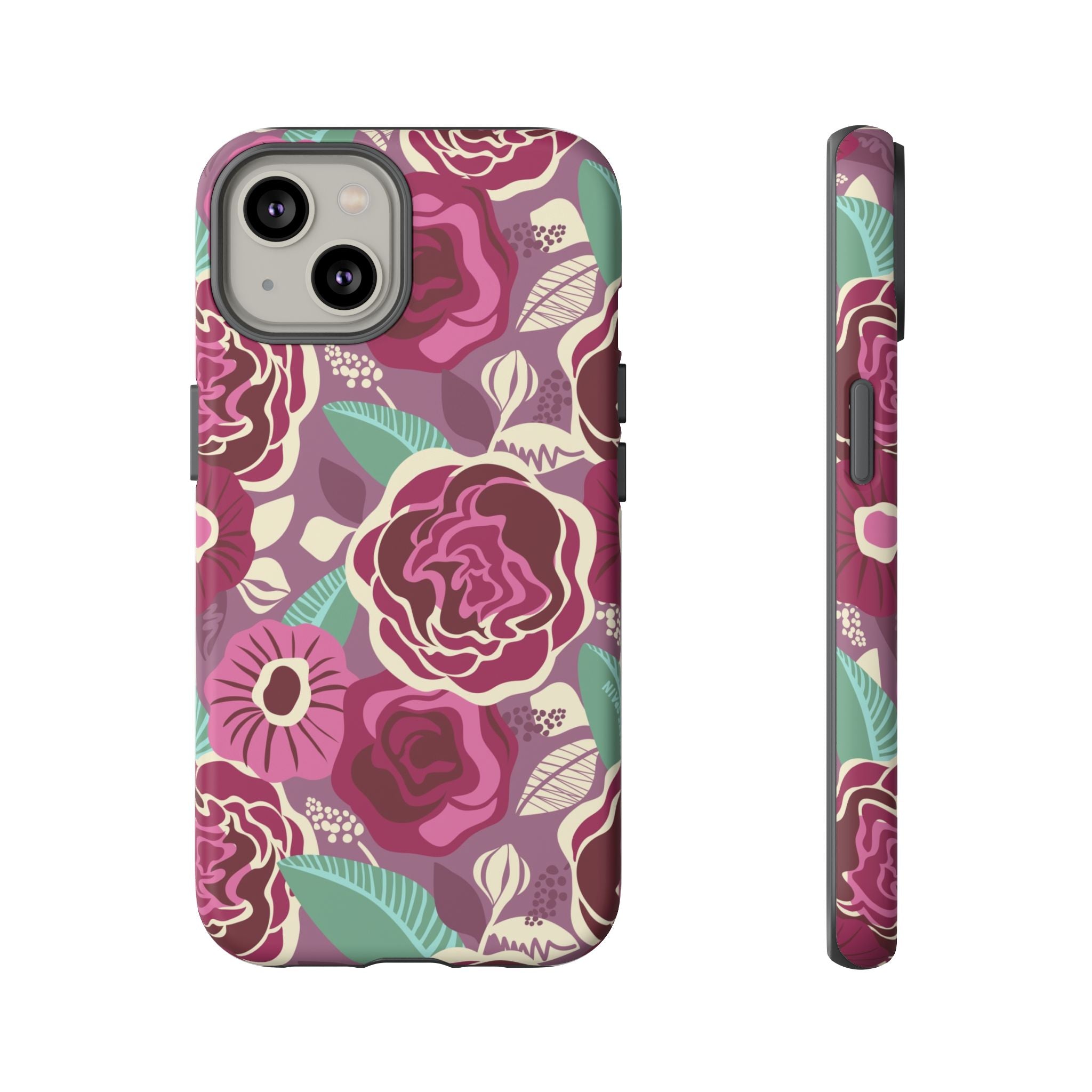 Tea Rose Burgundy Tough iPhone 14 Case – Matte | burgundy, magenta, plum botanical rose floral print