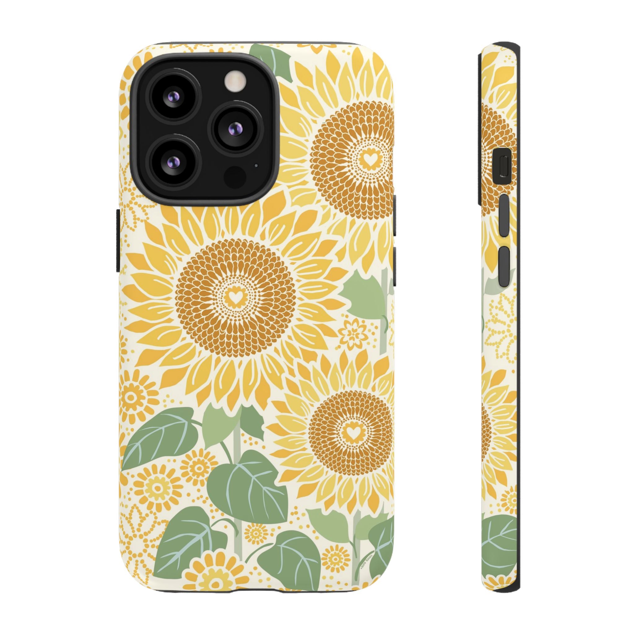 Sunny Sunflower iPhone 13 Pro case – Matte | cream ground, large-scale yellow sunflower print, golden seed detail with heart centers, dual-layer protection