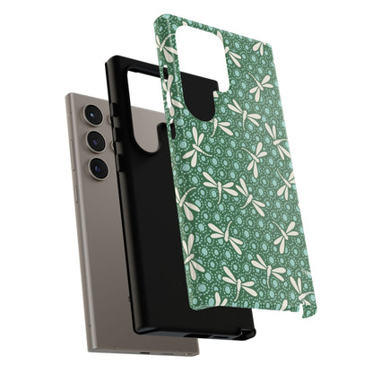 Dragonfly Pattern Phone Case — Green Floral Protective Tough Case