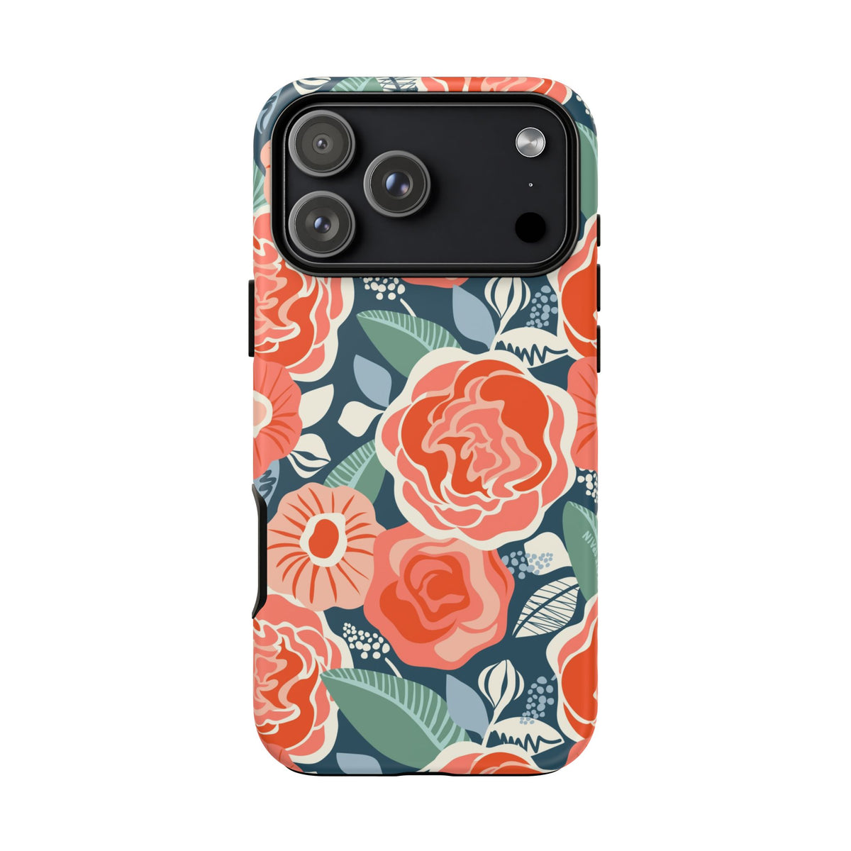 Tea Rose Navy Tough iPhone 18 Pro Max Case – Matte | navy, coral, peach botanical rose floral print