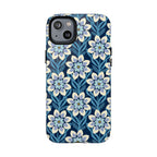 Luxury Modern Dahlia MagSafe iPhone 14 Plus Case – Glossy | navy, slate blue, white geometric dahlia tile floral print