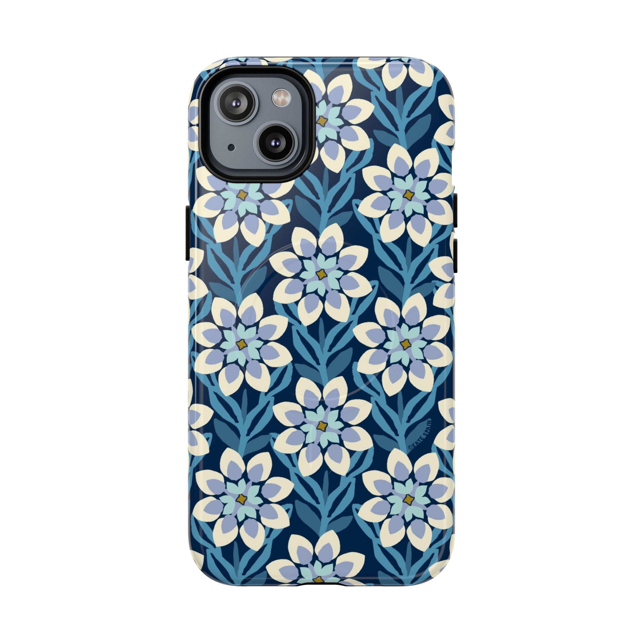 Luxury Modern Dahlia MagSafe iPhone 14 Plus Case – Glossy | navy, slate blue, white geometric dahlia tile floral print