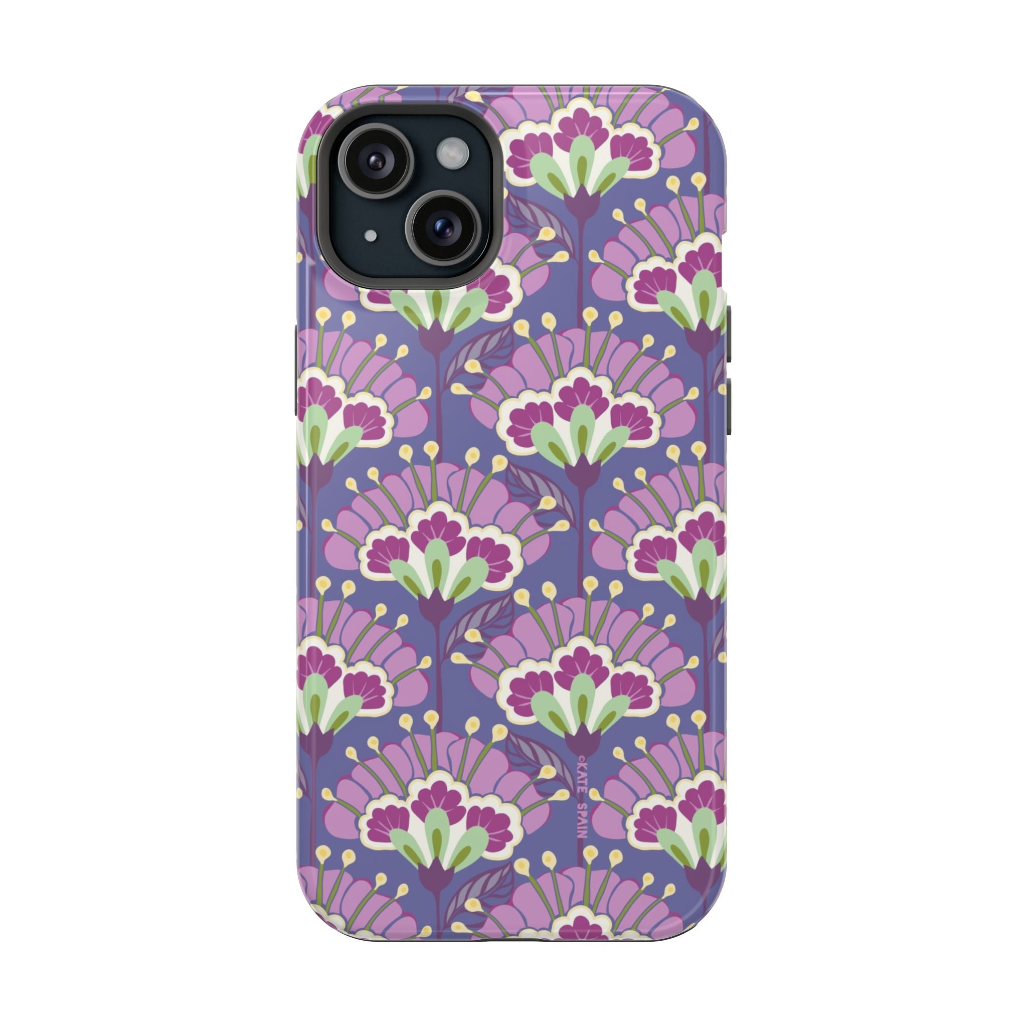 Lantern Flower MagSafe iPhone 15 Plus Case – Glossy | periwinkle, purple, mauve, sage botanical lantern floral print MagSafe compatible, dual-layer protection